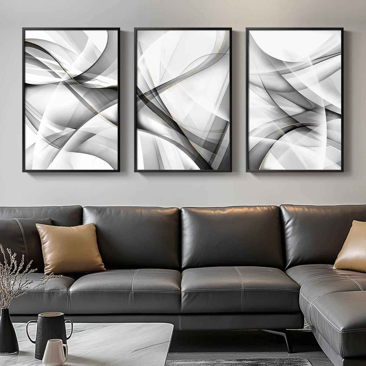 Large Framed Black And White Gold Abstract Lines Wall Art For Living Room, Set Of 3 Piece Canvas Paintings Artwork For Walls, Mo