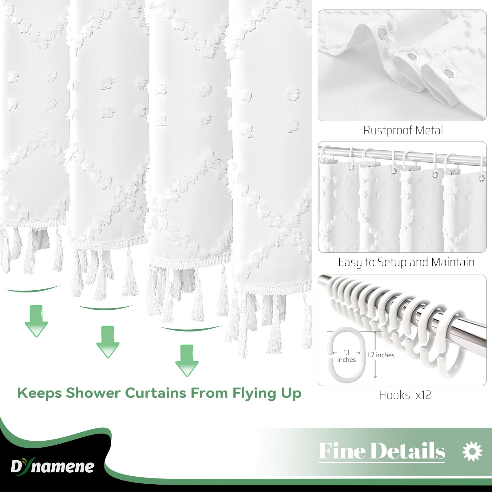 Dynamene White Fabric Shower Curtain, Boho Tufted Geometric Striped Tassel Shower Curtain For Bathroom, Shabby Chic Textured Mod