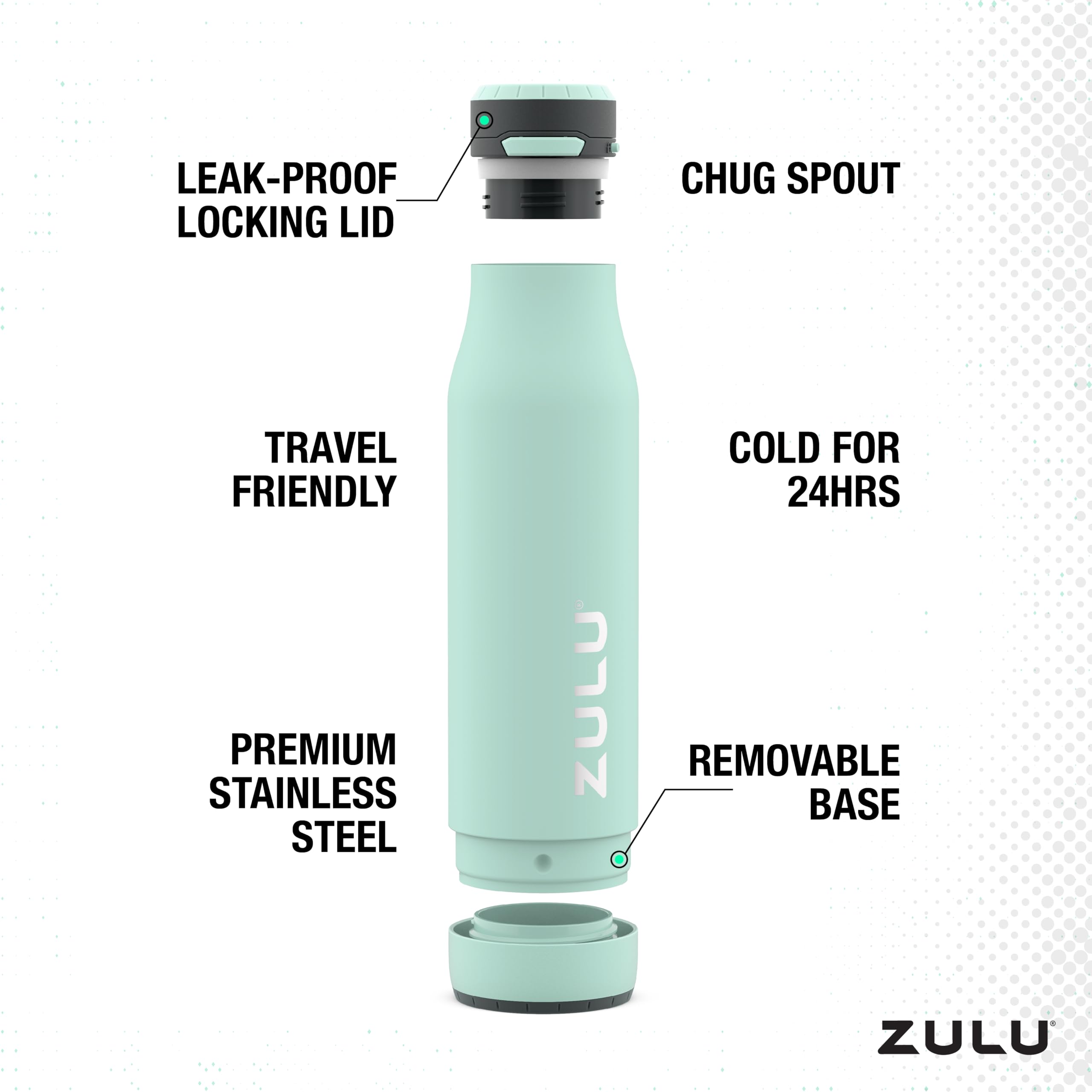 Zulu Ace 24Oz Vacuum Insulated Stainless Steel Water Bottle With Chug Spout | Leak-Proof Locking Lid And Removable Base |Reusabl