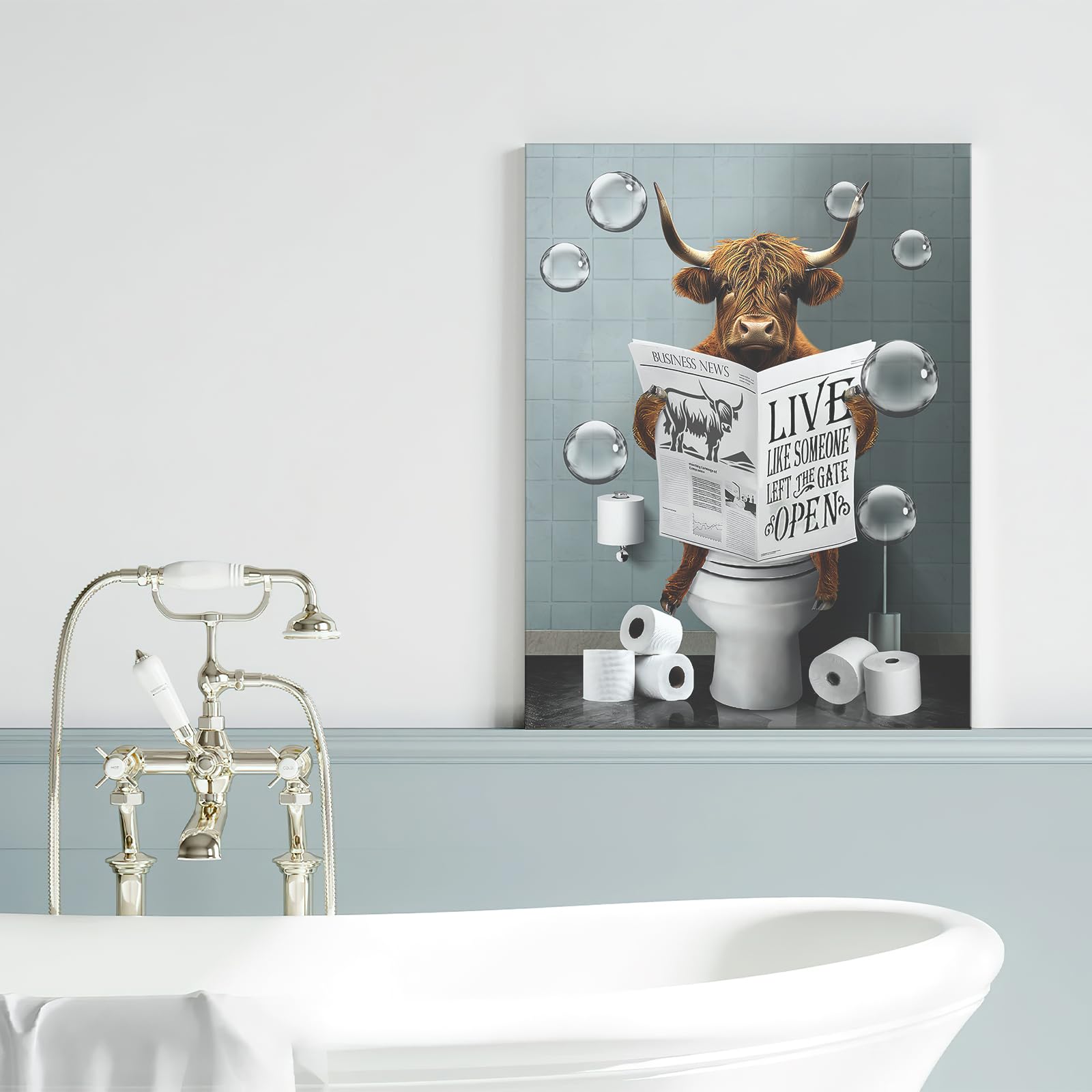 Funny Highland Cow In Toilet Wall Art Bathroom Pictures Wall Decor Farmhouse Bathroom Cow Painting For Toilet Bathroom Animals A