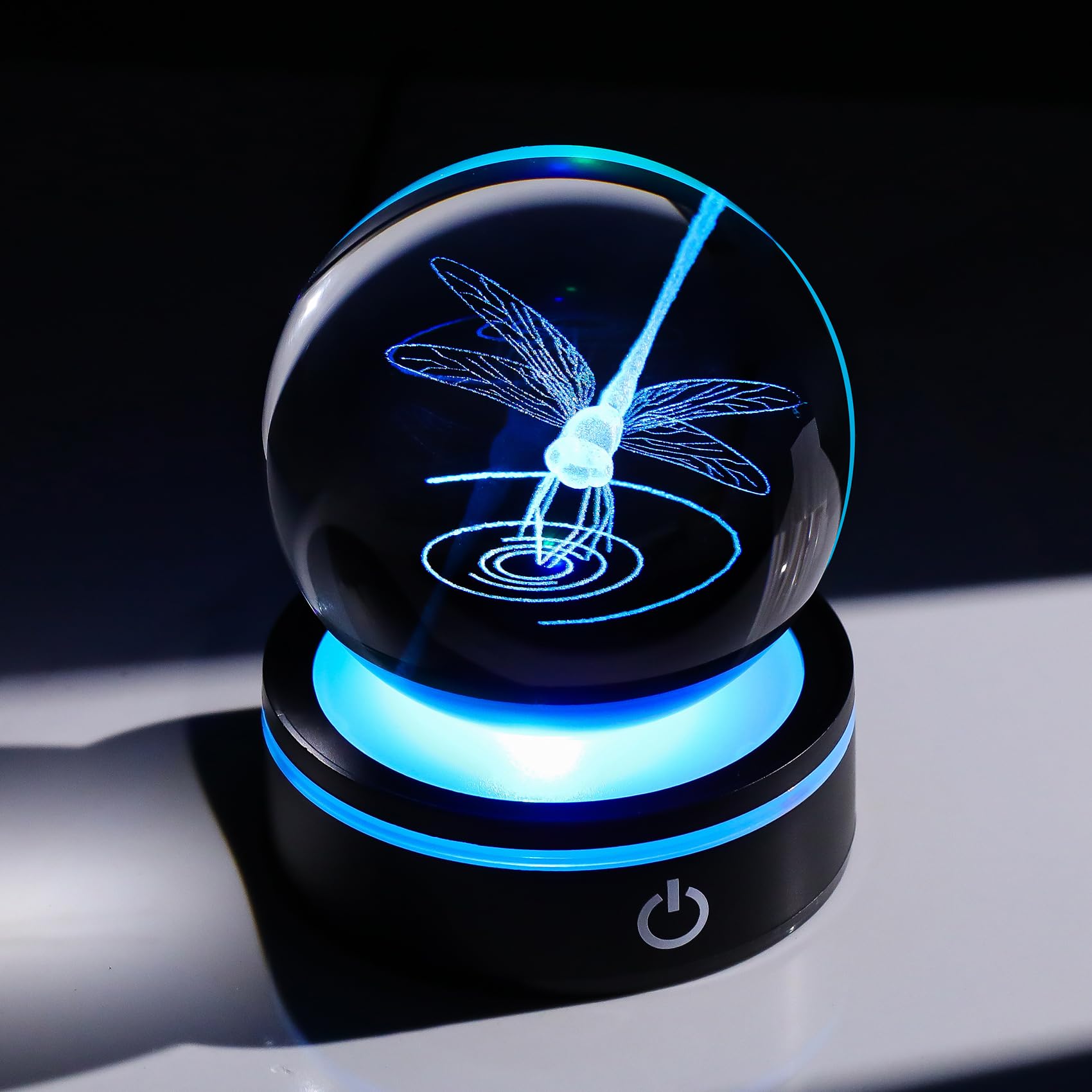YWHL Crystal Ball 3D Dragonfly Figurine with LED Base, Dragonfly Gifts for Men Women on Christmas Birthday, Glass Animals Insect