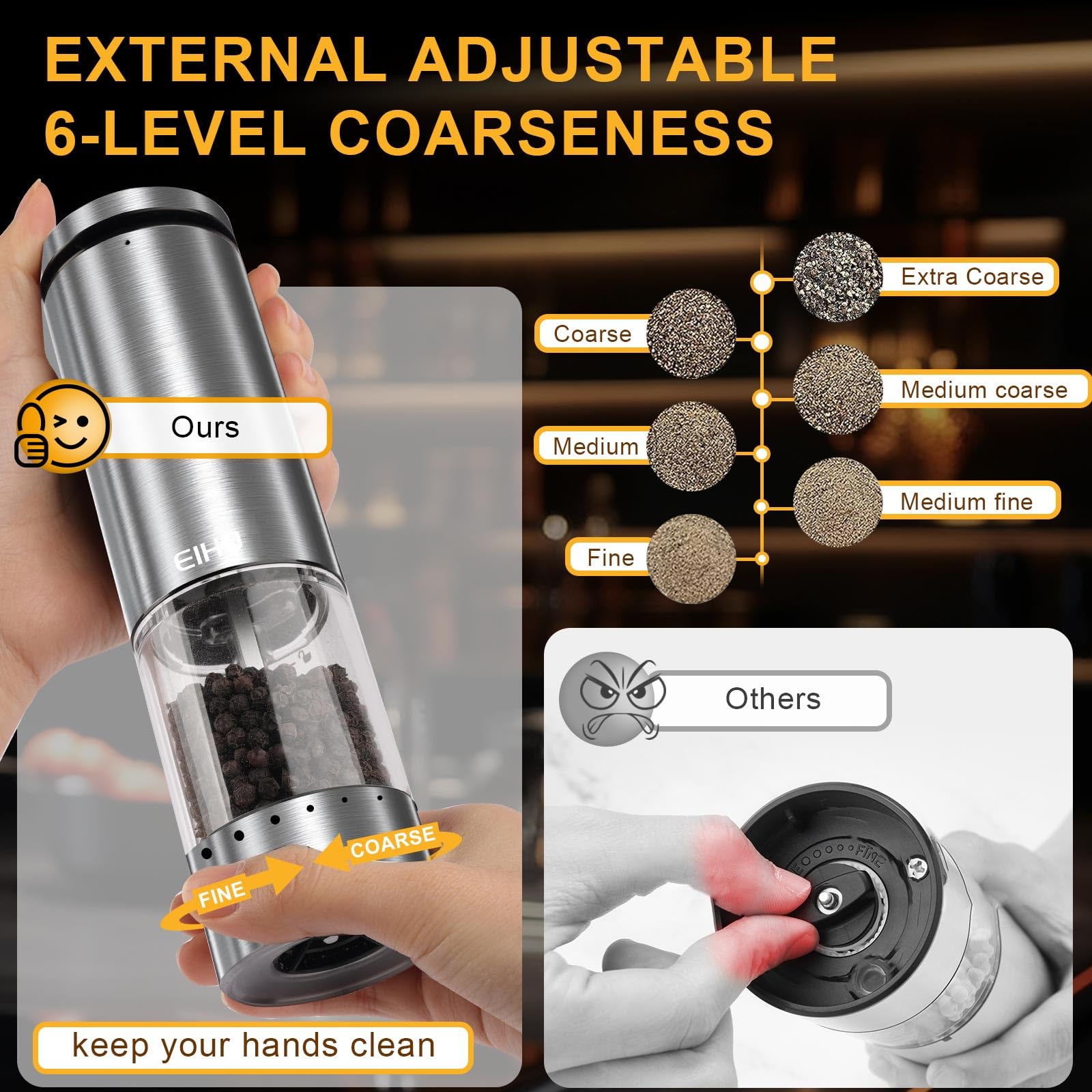 EIHO Electric Salt and Pepper Grinder Set, USB Rechargeable, Adjustable Coarseness, Stainless Steel, Large, Model ESAPGS-2