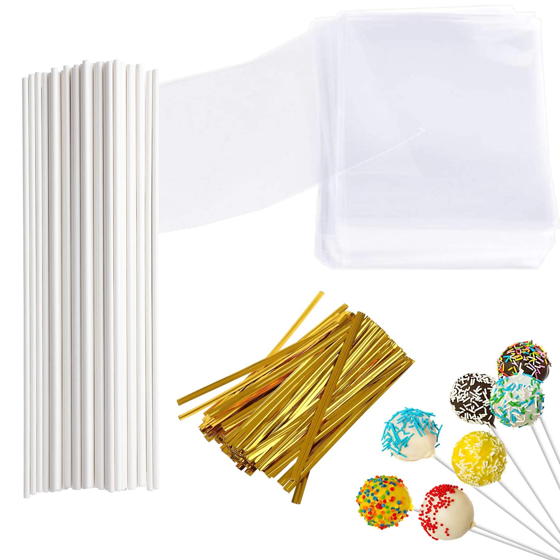 Augshy 300Pcs 6 Inches Cake Pops Making Tools 100Pcs Cake Pop Sticks 100Pcs Cake Pop Bags And 100Pcs Twist Ties (Thin Stick)