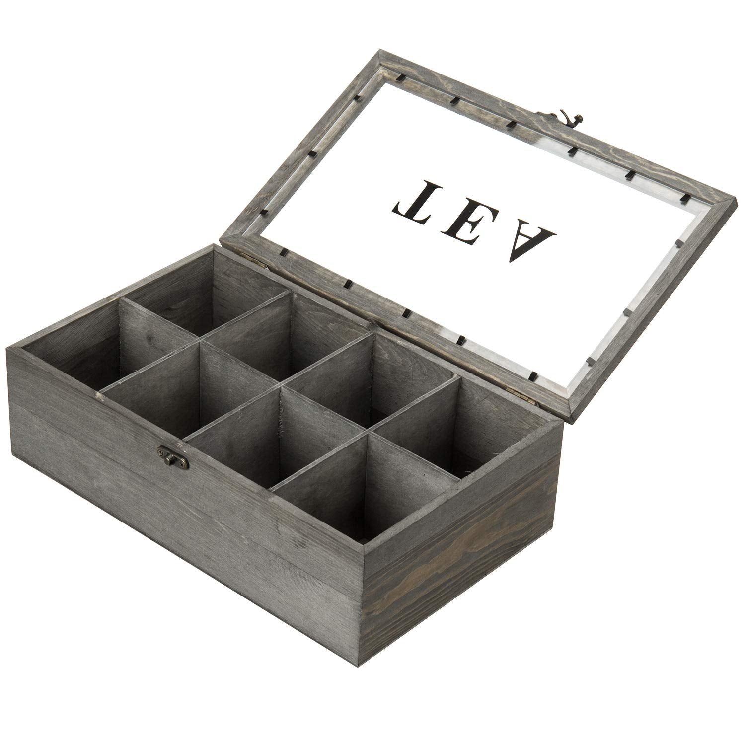 Mygift Vintage Gray Solid Wood Tea Bag Box Organizer Storage Chest With 8 Compartments, Tea Bags And Condiments Packet Holder Wi