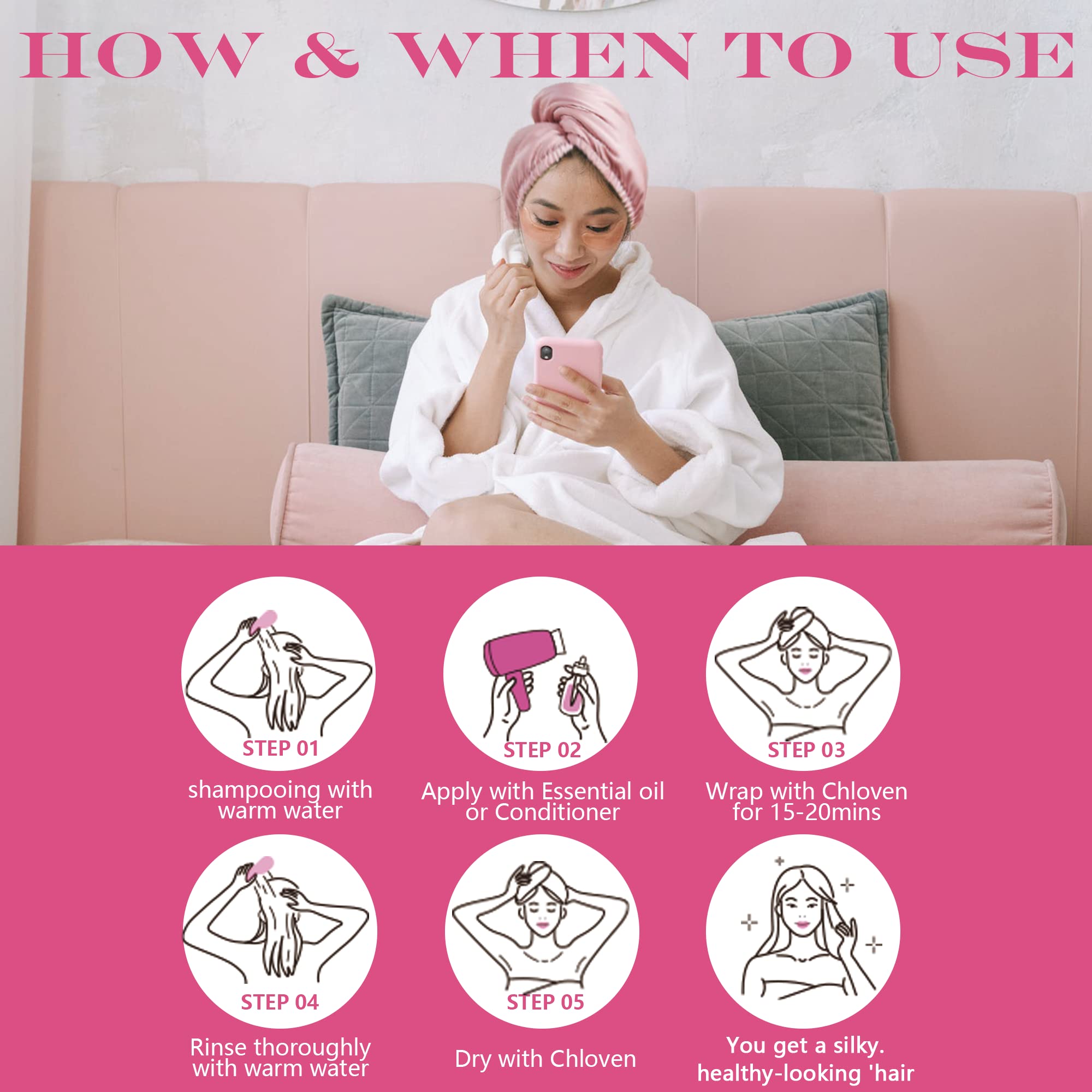 Chloven Satin Hair Towel Wrap - Satin Silk Hair Wrap for Sleeping, Large Hair Wrap Towels with Scrunchies, Anti Frizz Hair Dryin