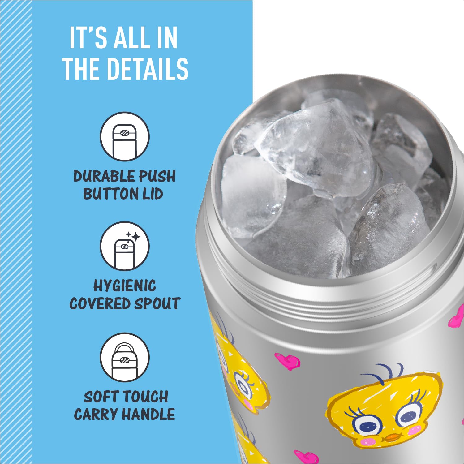 Thermos Funtainer 16 Ounce Stainless Steel Vacuum Insulated Bottle With Wide Spout Lid, Looney Tunes