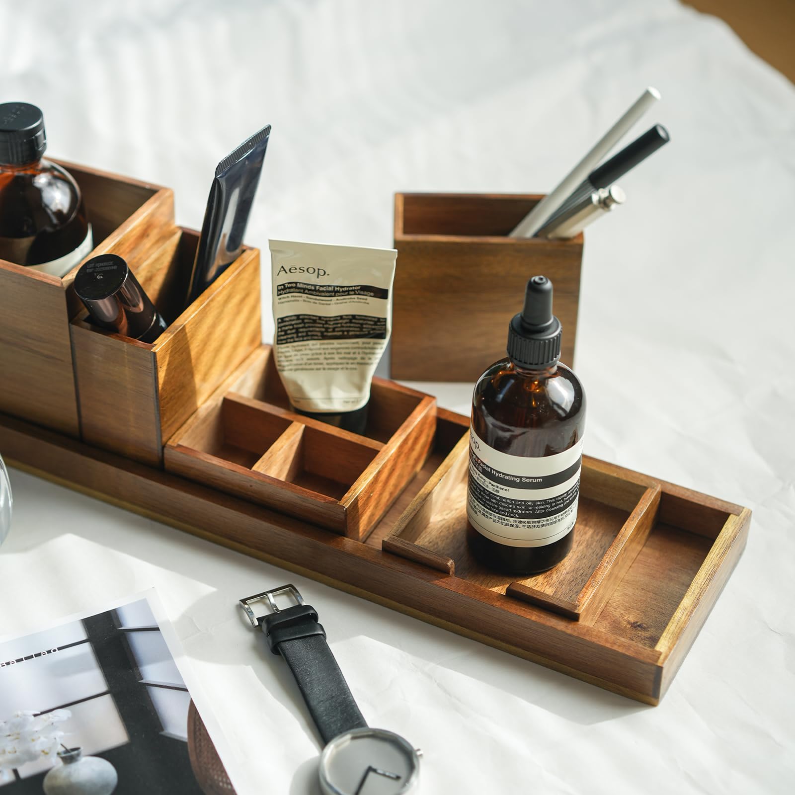 ROCDEER Wood Vanity Tray, 6-Piece Small Bathroom Counter Organizer Wooden Decorative Trays Rectangular Perfume Jewelry Makeup Co