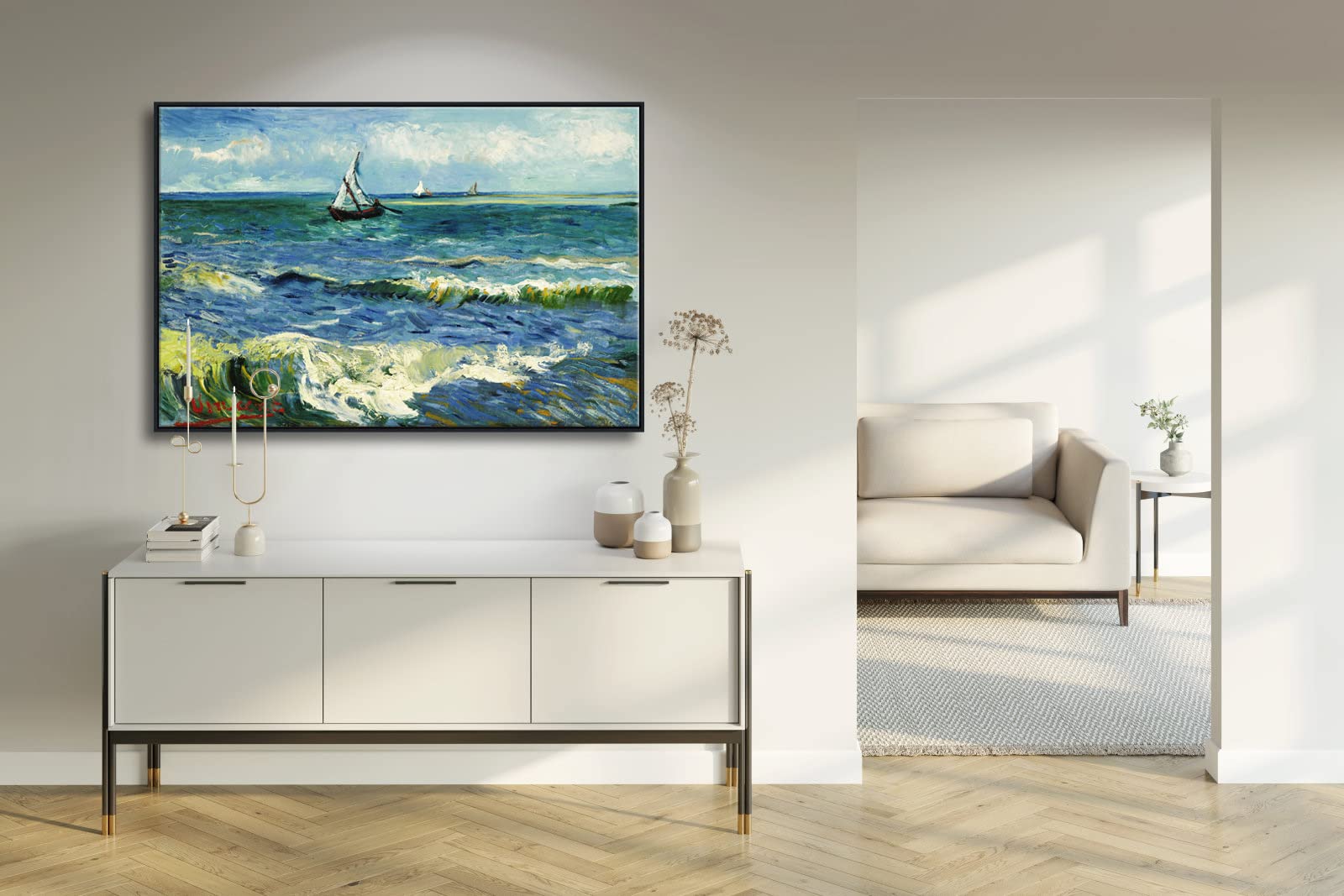 Wieco Art Extra Large Black Framed Canvas Prints Seascape At Saintes Maries By Vincent Van Gogh Modern Artwork Sea Pictures On C