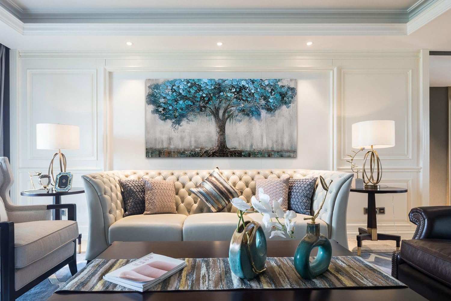 Anolyfi Wall Art Tree Abstract Canvas Picture Landscape Panoramic Blue Tree Painting For Living Room Large Decor, Textured Wrapp