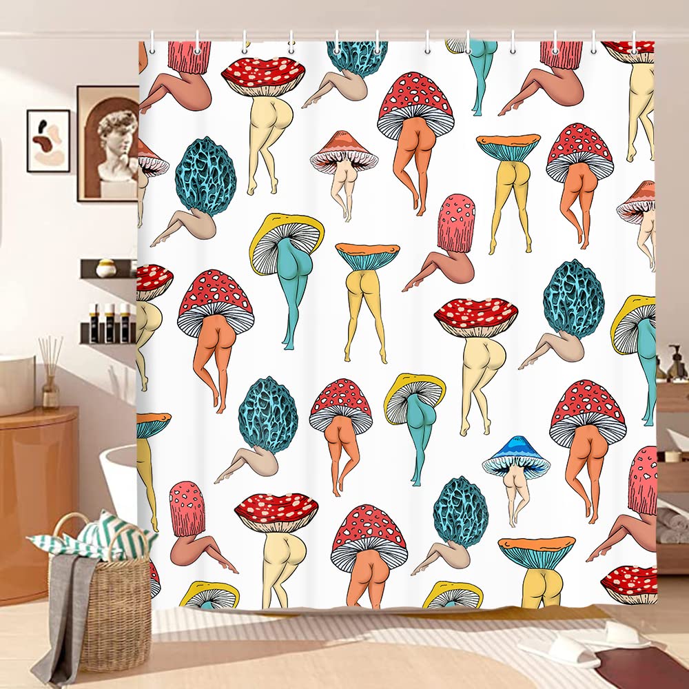 Funny Mushroom Butt Shower Curtain, Fun Cute Sexy Butt 70S 80S Fabric Curtains For Bathroom Hippie Psychedelic Aesthetic Colorfu