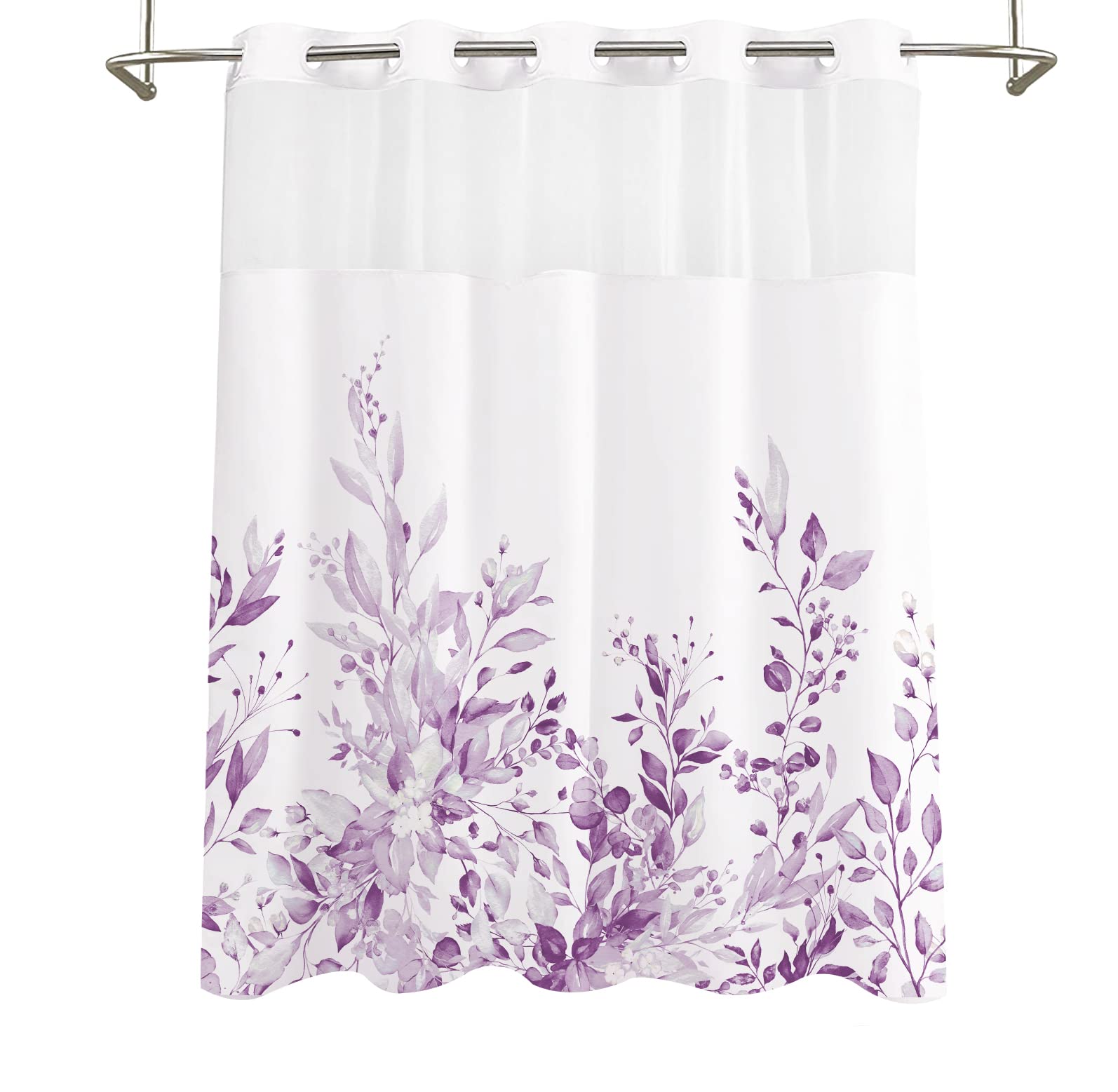 Tititex No Hooks Snap In Liner Lilac Light Purple Eucalyptus Leaves Shower Curtain, Hotel Luxury Double Layers Waterproof Fabric