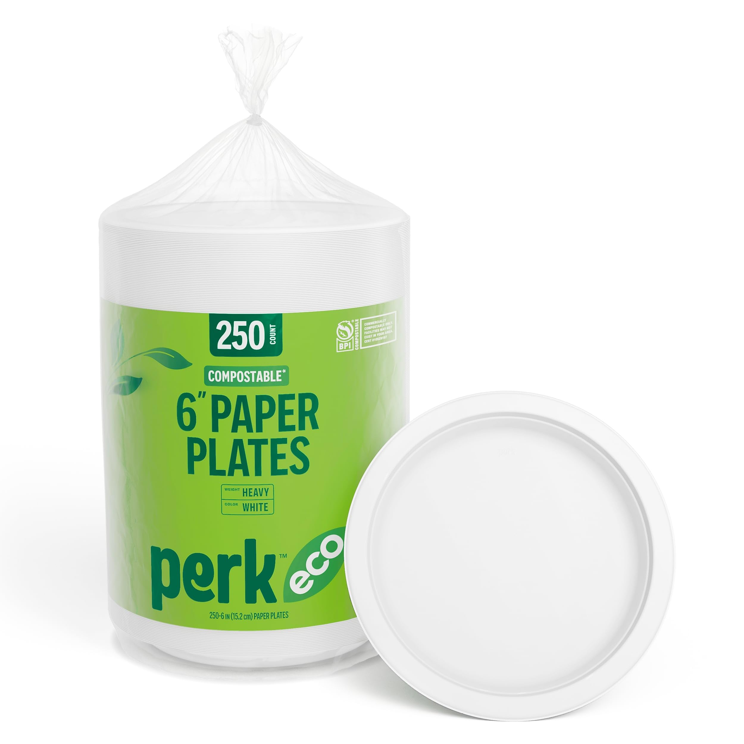 Perk 6 Inch Compostable Paper Plates, 250 Count Bulk, White Plant Fiber Disposable Plates, Grease Resistant & Microwavable for P