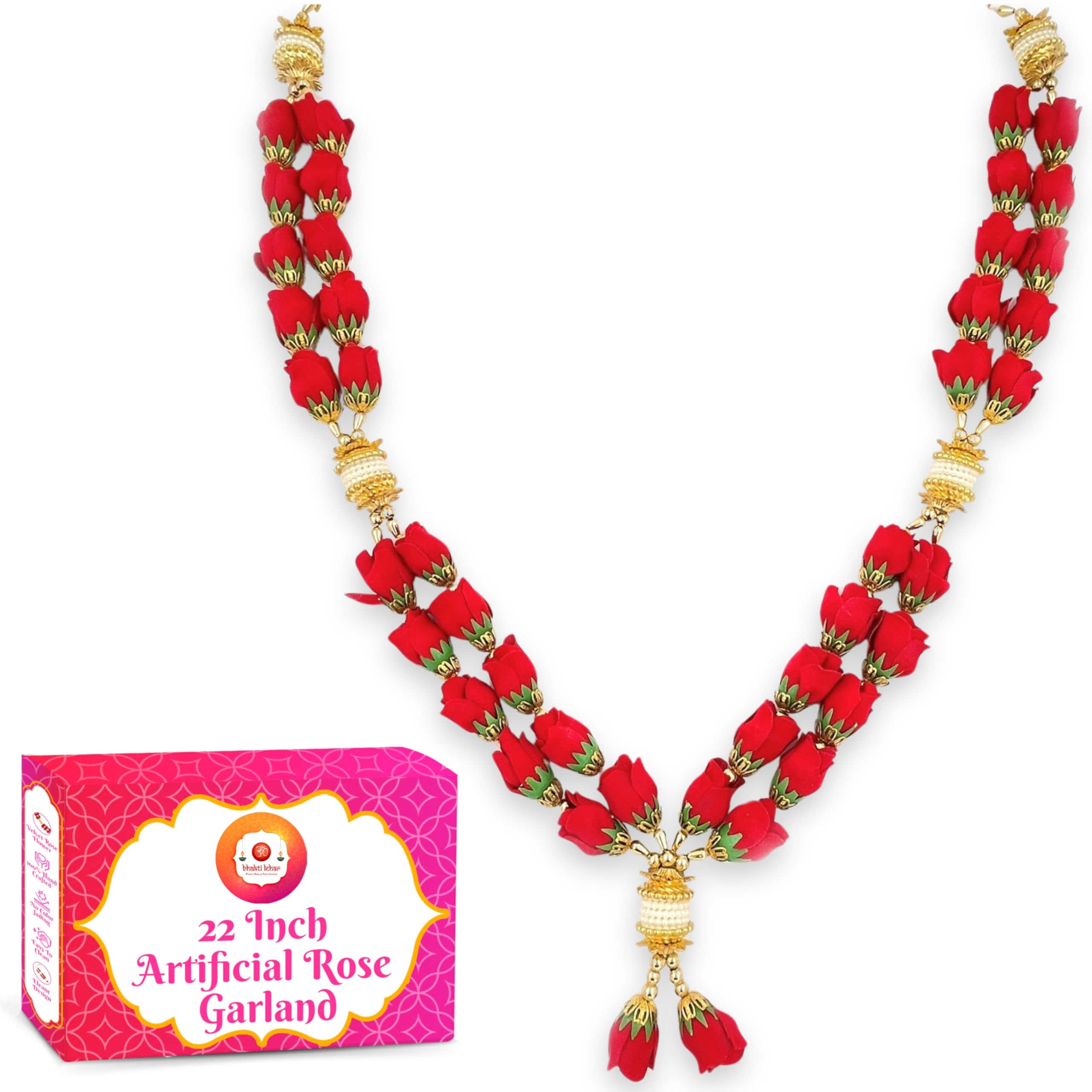 Bhakti Lehar (22 Inch) Artificial Double Layer Velvet Rose Flower Garland For Photo Frame/Hand-Made Gulab Pearl Moti Mala For Go