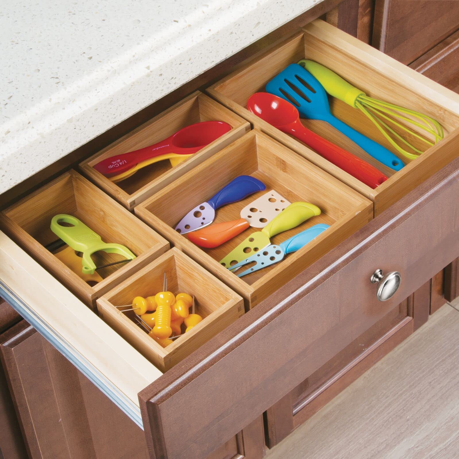 mDesign Bamboo Wood Kitchen Cabinet Drawer Organizer Tray Bins - Multipurpose - Use in Drawers  on Countertops  Shelves or in Pantry - Varied Sizes - Echo Collection - Set of 5 - Natural