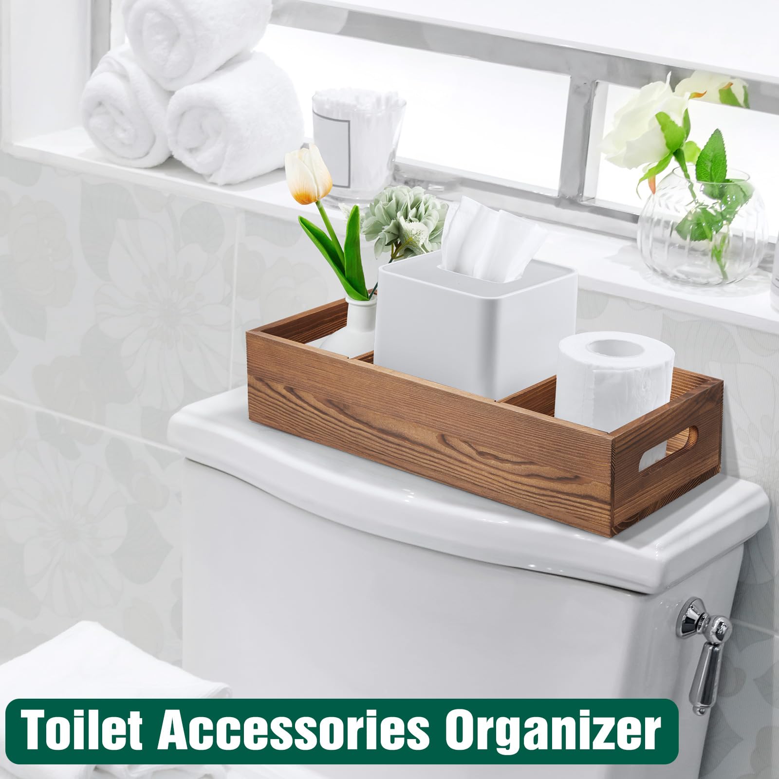 14 Inch Wood Bathroom Basket with Removable Dividers - 3 Comparments Wooden Toilet Paper Basket with Handle for Back of Toilet T