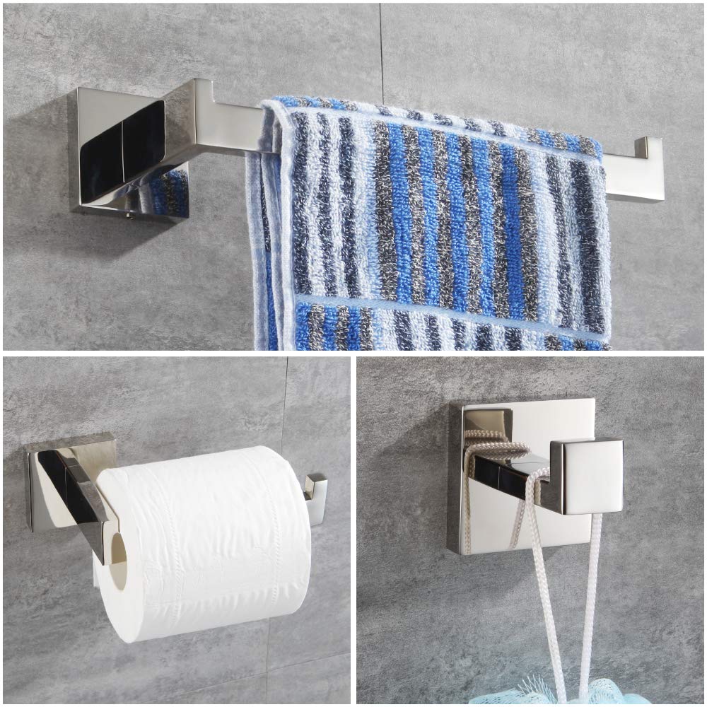 Turs Bathroom 3-Piece Accessories Set Sus 304 Stainless Steel Toilet Paper Holder Hand Towel Bar/Holder Robe Hook Wall Mount, Po