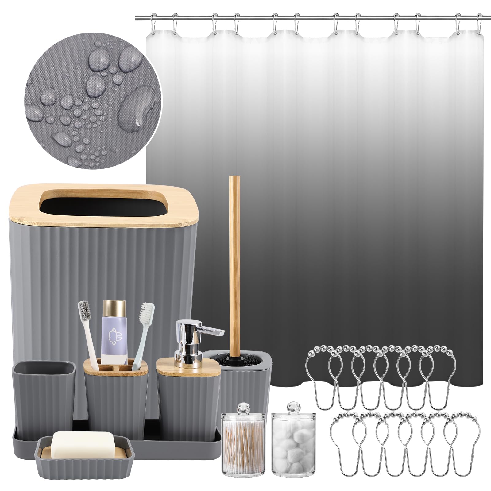 Bathroom Set - Grey Bathroom Accessories Set, 22Pc Bathroom Accessory Set With Shower Curtain, Soap Dispenser, Toilet Brush, Tra
