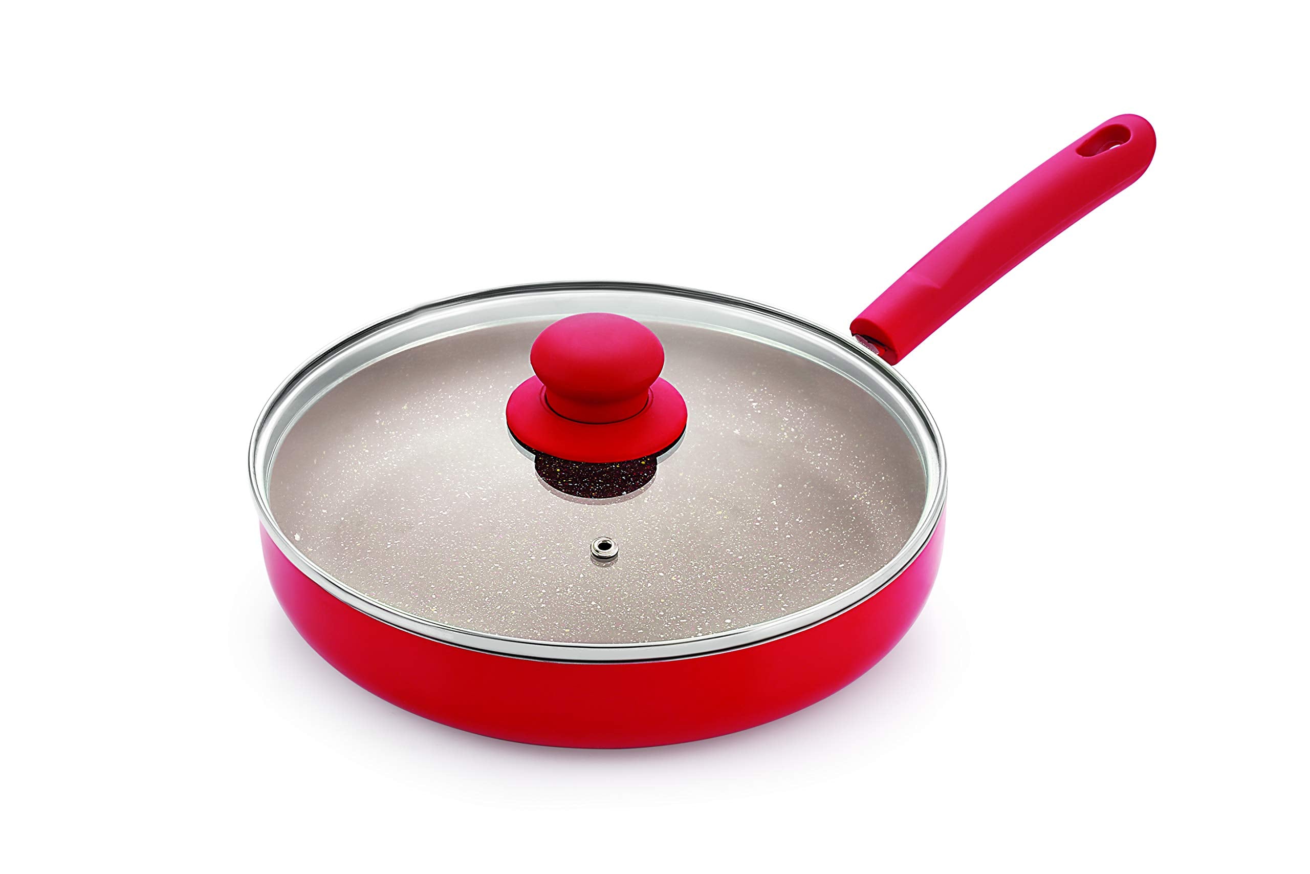 Nirlon Red Stone Aluminium Non-Stick Induction Base Fry Pan With Glass Lid