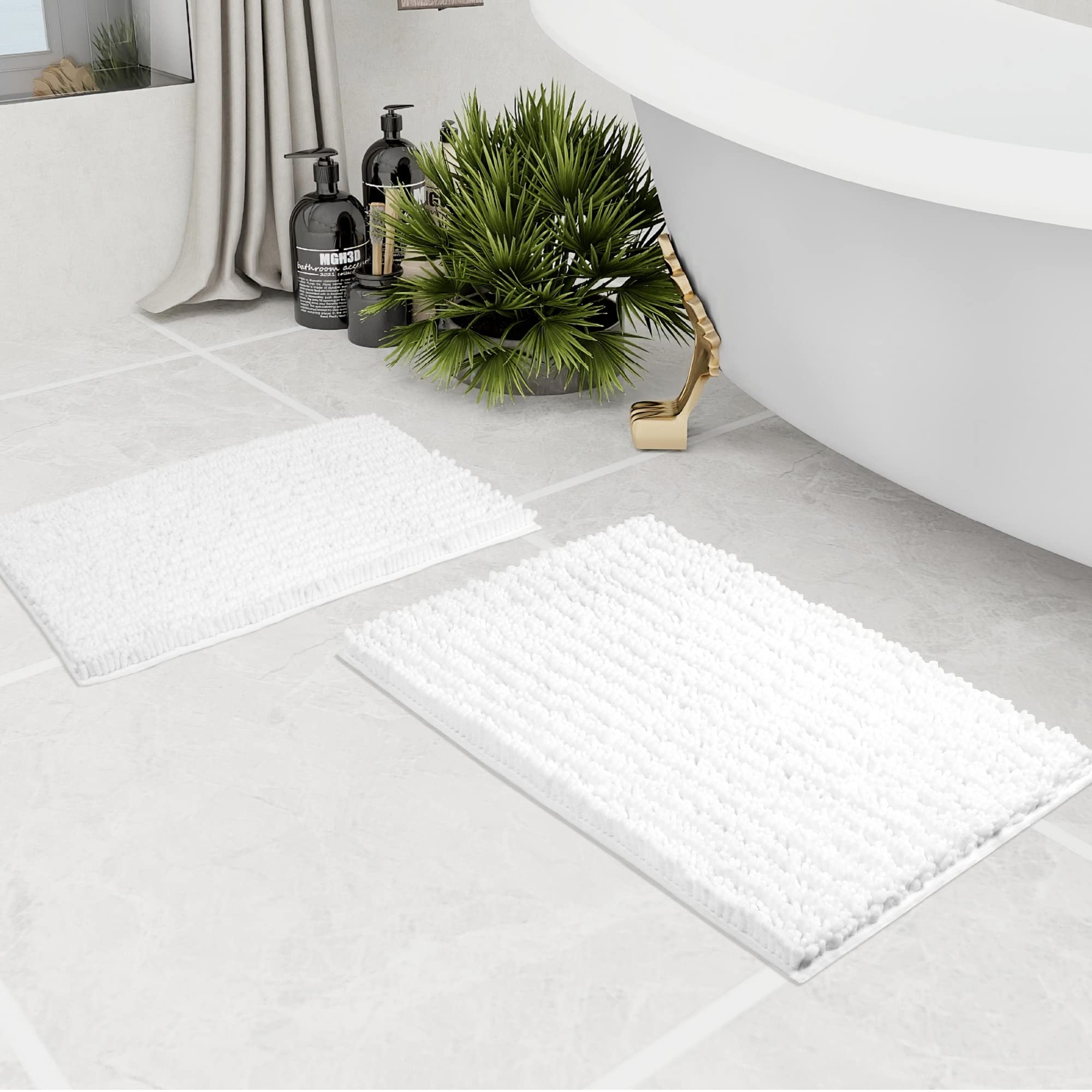 Walensee Bathroom Rug 2 Pieces Set Non Slip Bath Mat (17X24 Plus 20X32 Inch White) Water Absorbent Super Soft Shaggy Chenille Ma