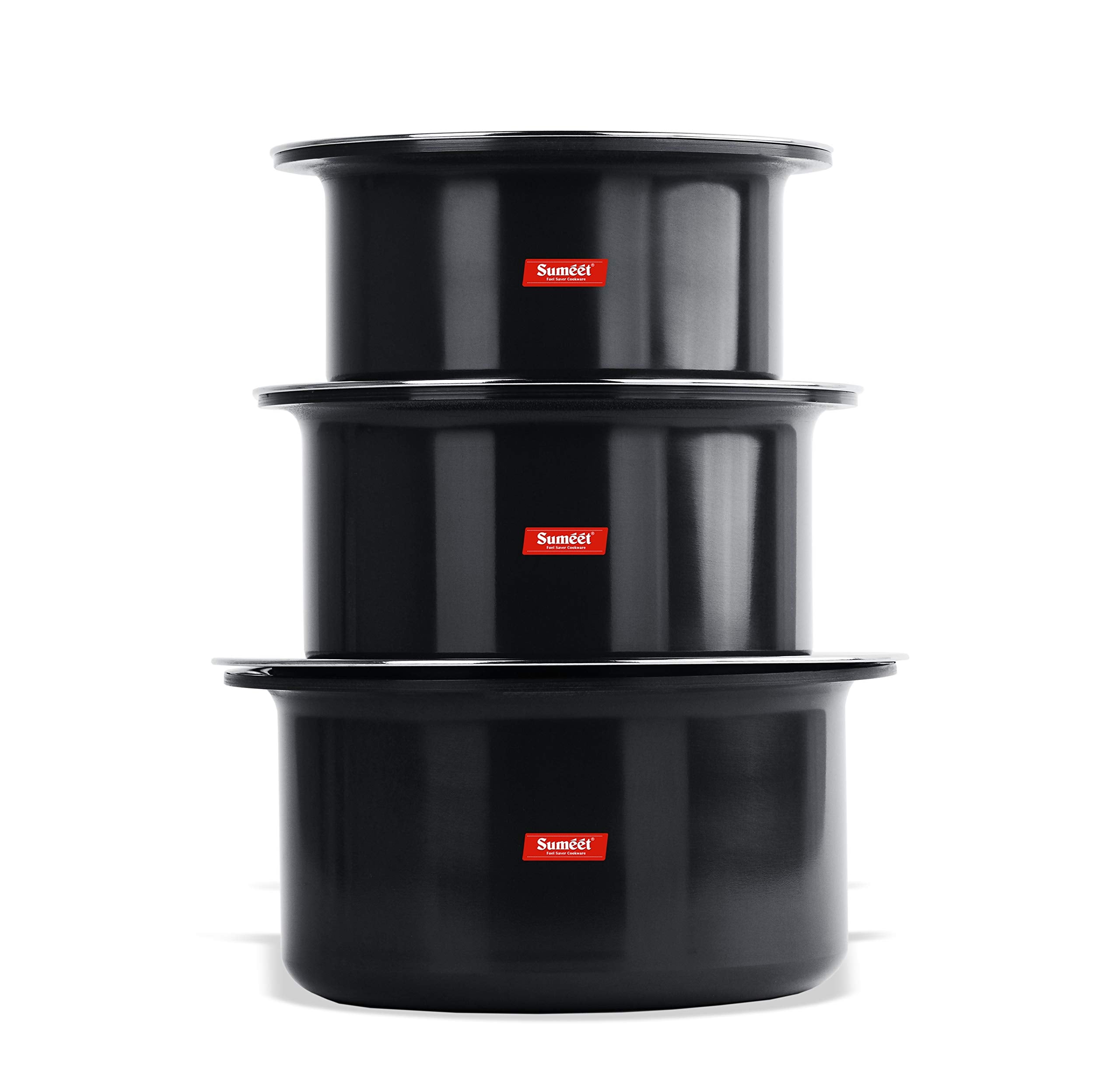 Sumeet 3Mm Thick Hard Aluminium Black Anodized Large Size Tope Set Of 3Pc With S. S. Lid (Size No. 15 3.50Ltr, No. 16 - 4.250 Lt