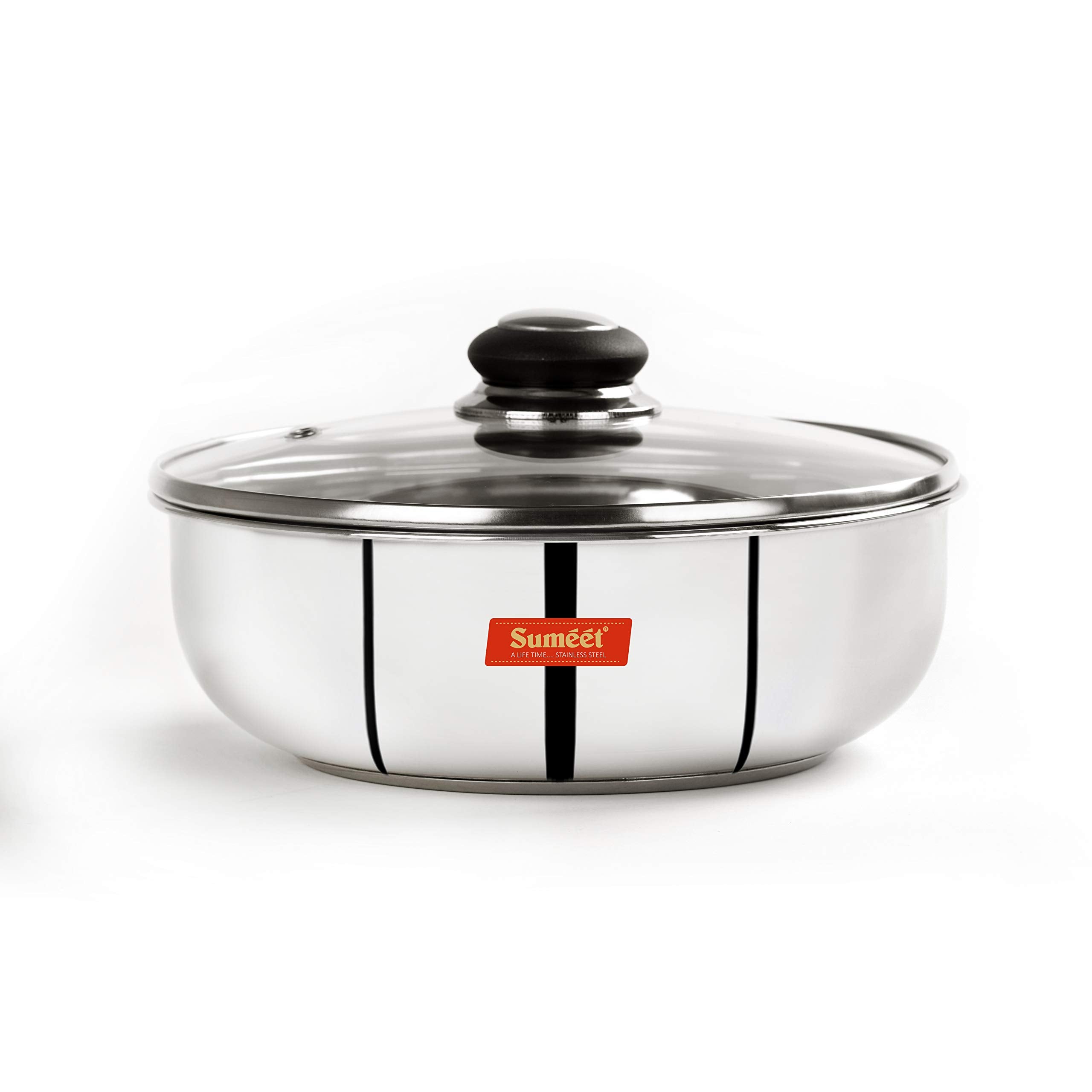Sumeet Stainless Steel Encapsulated Bottom Induction And Gas Stove Friendly Tasra With Glass Lid - (1.5 Liter - 20Cm)  Silver