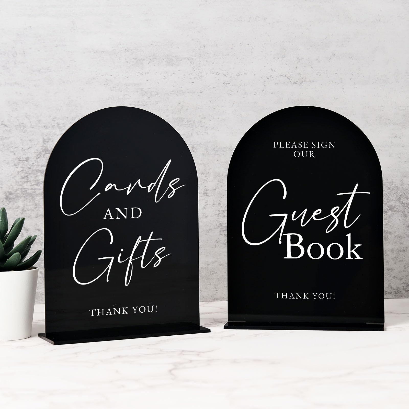 Set of 2 Black Acrylic Wedding Signs for Reception, 5x7 Black Arched Acrylic Table Sign and Base | Cards and Gifts | Guest Book