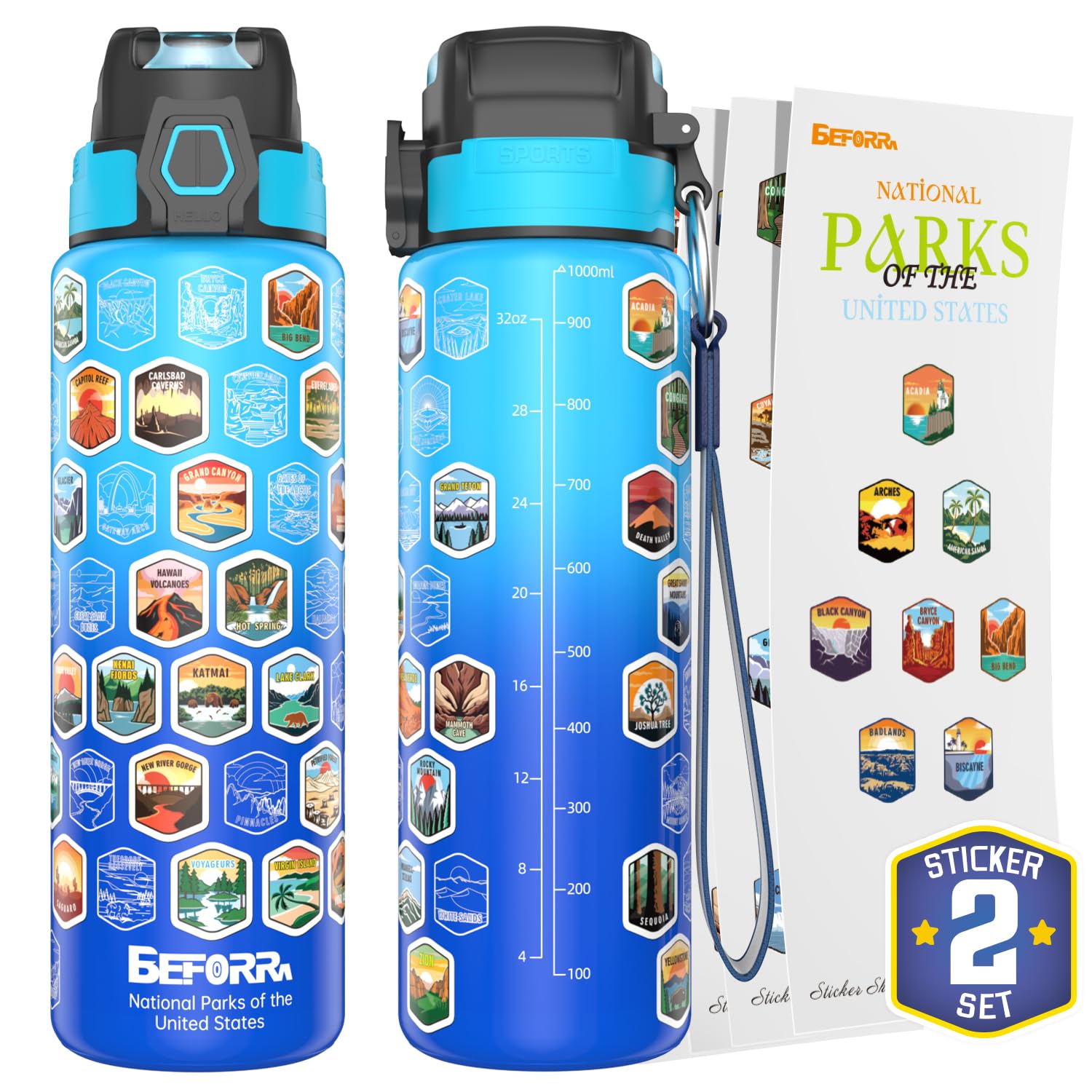 National Parks Water Bottle with 63 Waterproof Stickers & Carry Strap, Durable Plastic Water Bottle 32oz Hiking Water Bottles fo