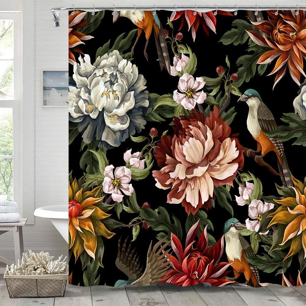 Goaok Black Boho Floral Shower Curtain, Bright Abstract Bohemian Tropical Leaves Plant Flower Botanical Bird Shower Curtain, Mod