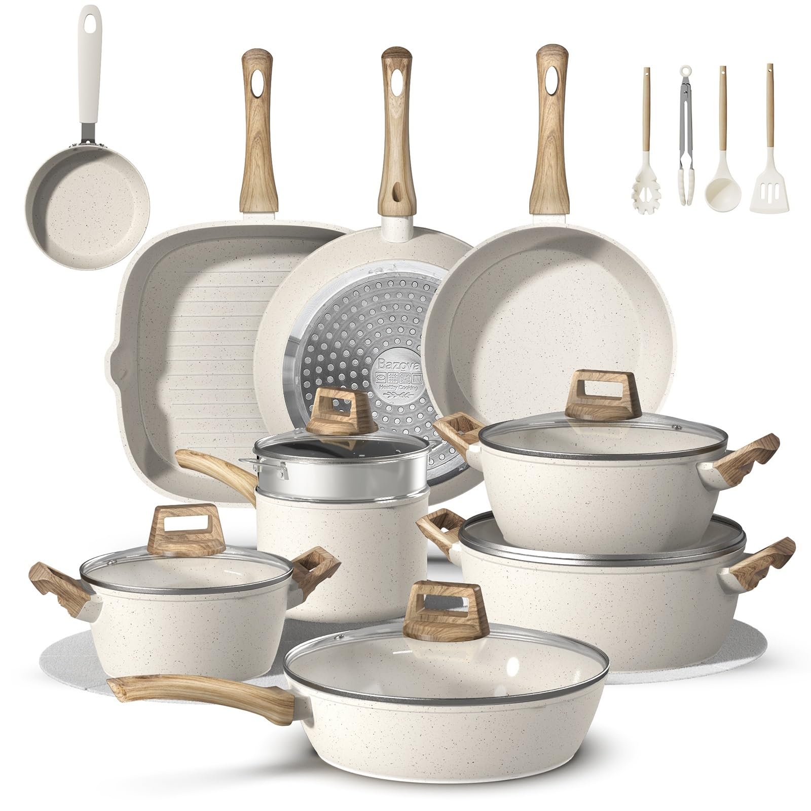 Bazova 25Pcs Pots and Pans Set Non Stick, TitaniumReinforced Ceramic Cookware Set Non Stick, Non Toxic PFASFree Induction Read