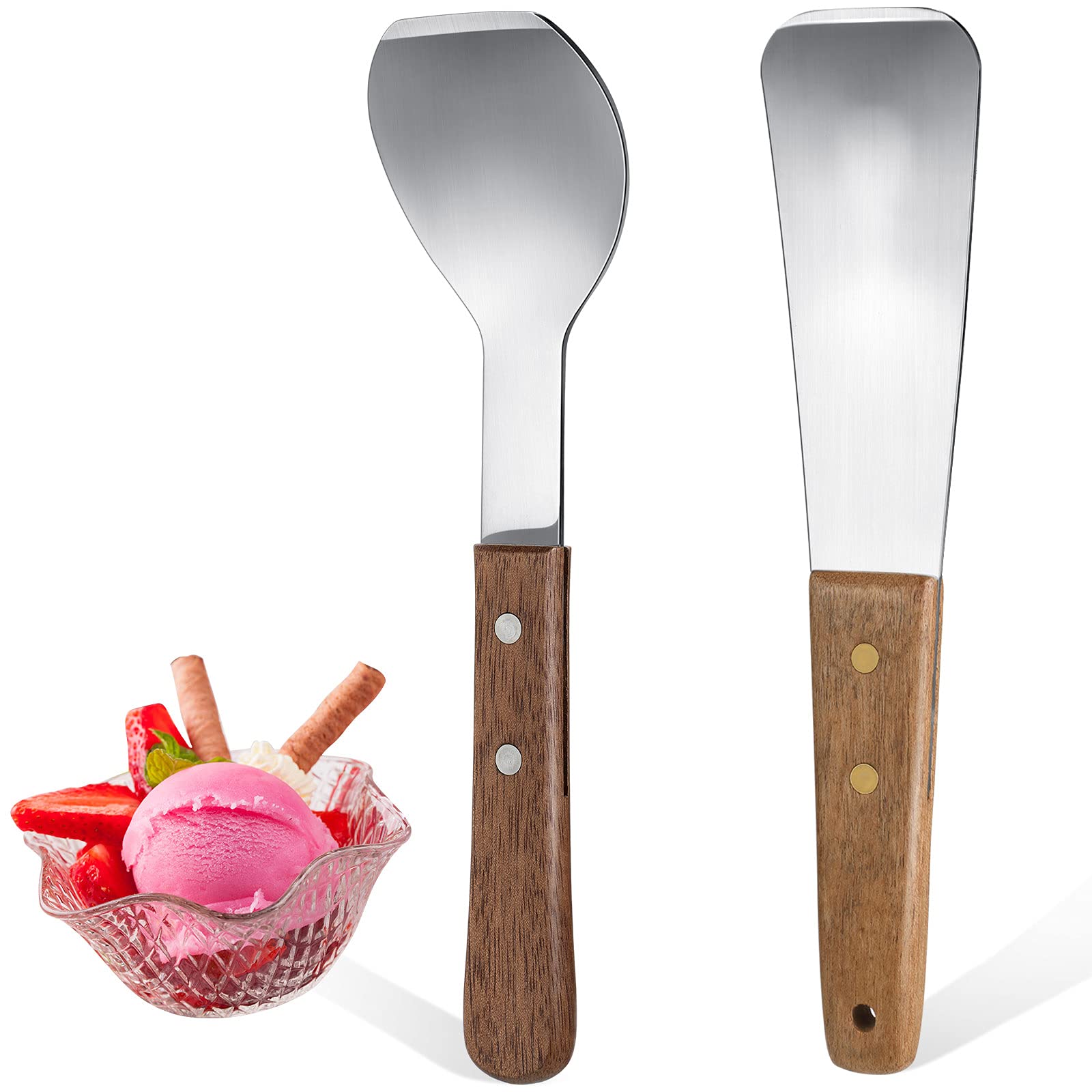 2 Pieces Ice Cream Scoop Stainless Steel Ice Cream Shovel With Wooden Handle Dessert Spade Butter Cutter Flat Ice Cream Metal Sp