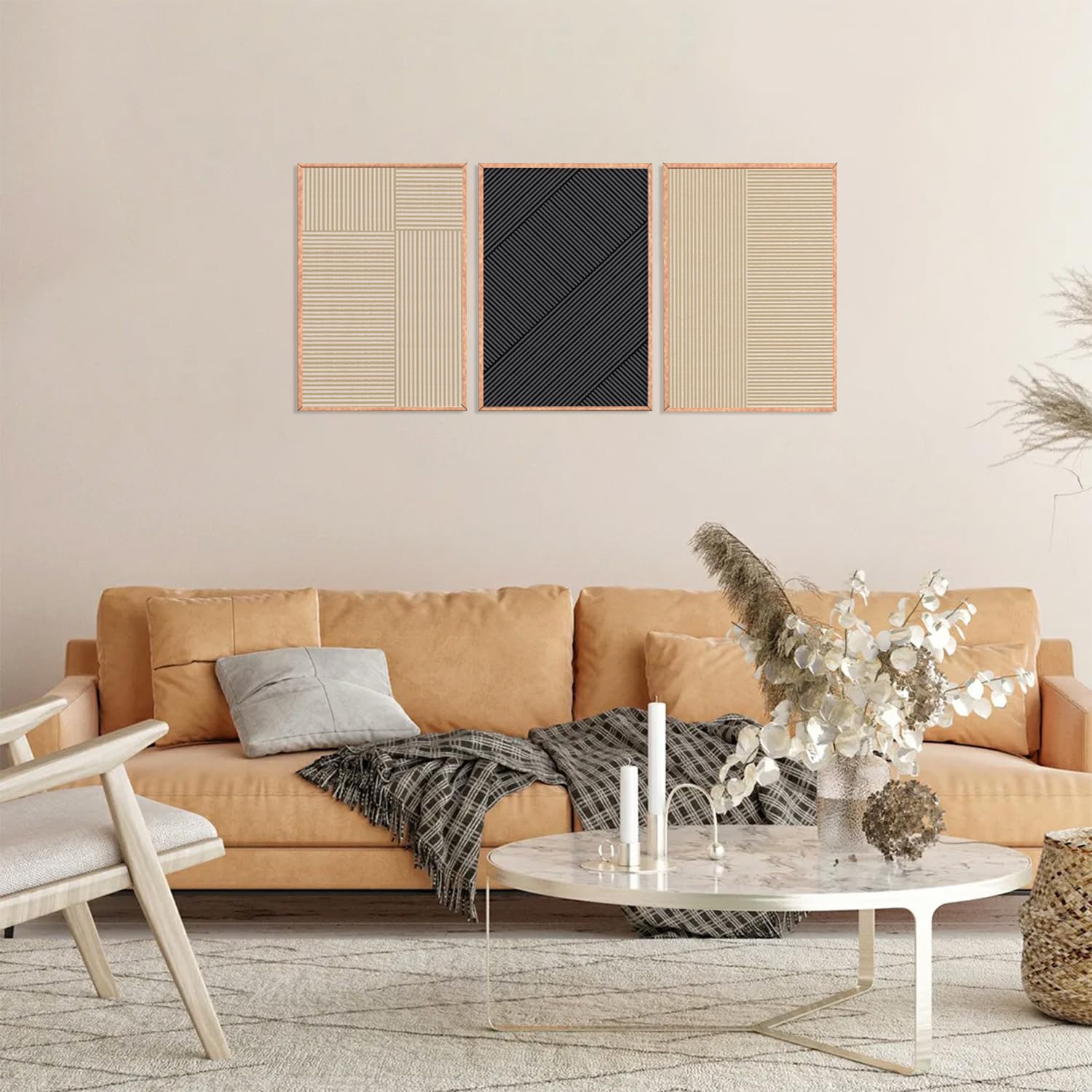 Kairne Minimalist Line Framed Canvas Wall Art Set, Beige Textured Wall Decor, Neutral Illustration Wall Painting, Modern Brown A