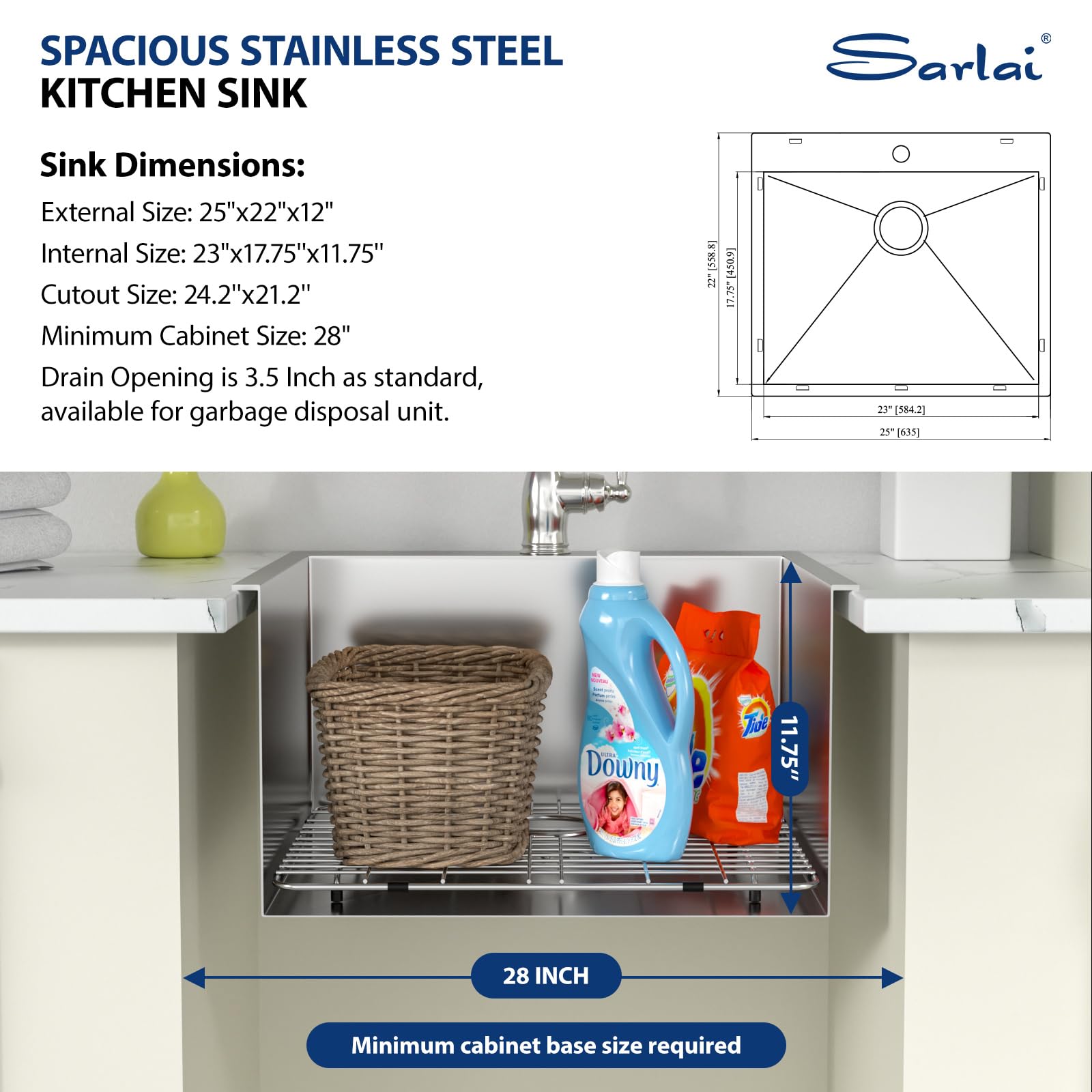 Sarlai 12 Inch Deep Drop In Laundry Sink - 25X 22 Laundry Utility Sink Drop In Topmount Single Bowl 16 Gauge Stainless Steel Abo