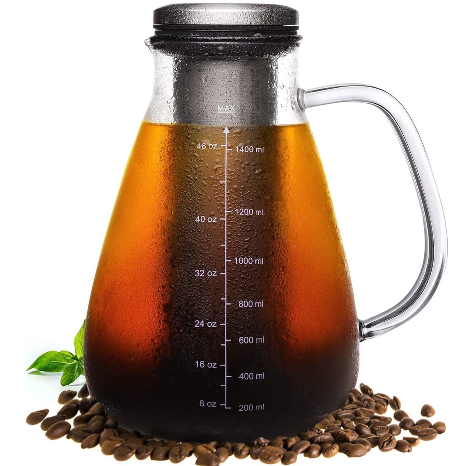 YMMIND Cold Brew Iced Coffee Maker 51oz, Brewed Coffee Pot with Removable Double Mesh 304 Stainless Steel Filter, BPA-Free Cold 