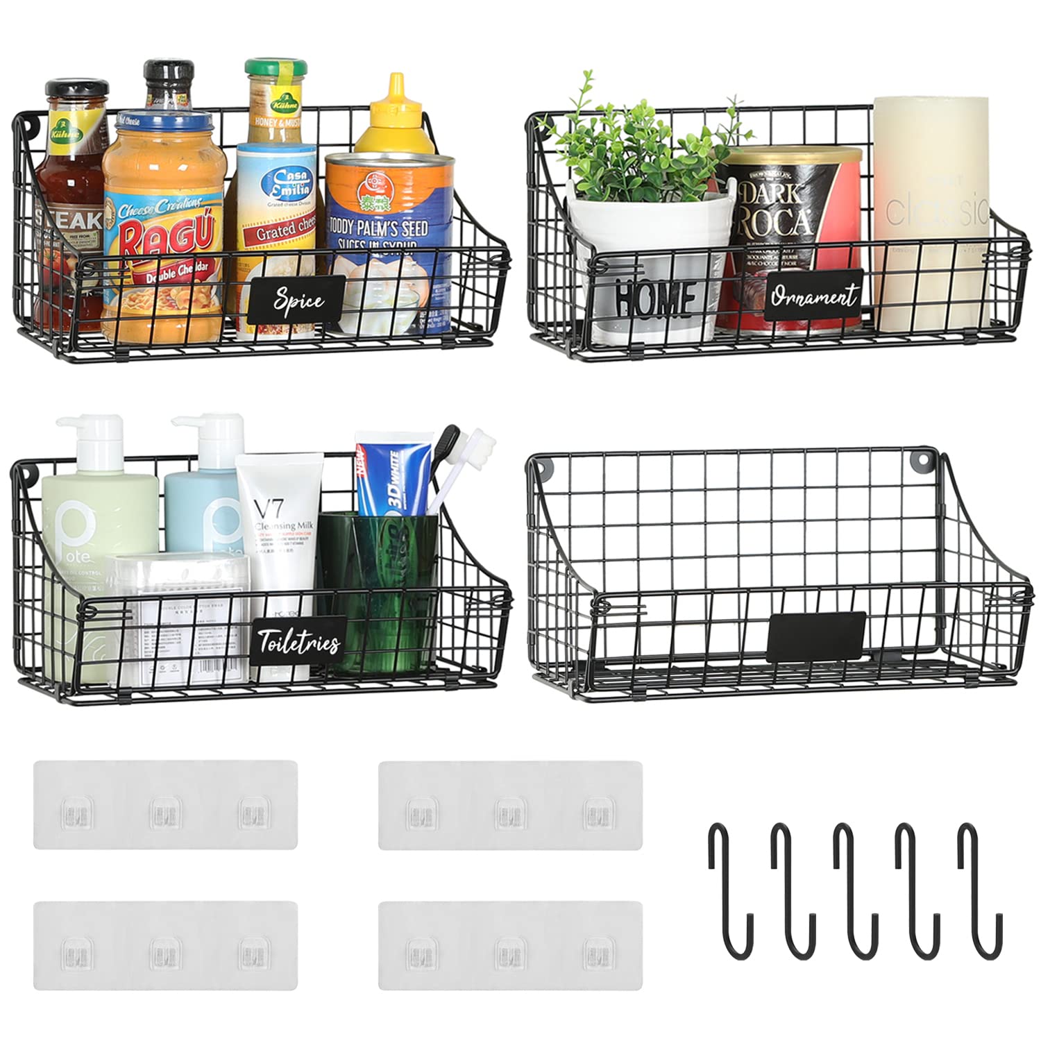 4 Pack Hanging Wall Basket For Organizing, Large Wire Basket For Storage Pantry With 5 S Hook+4 Adhesive Hook, Wall Mounted Shel
