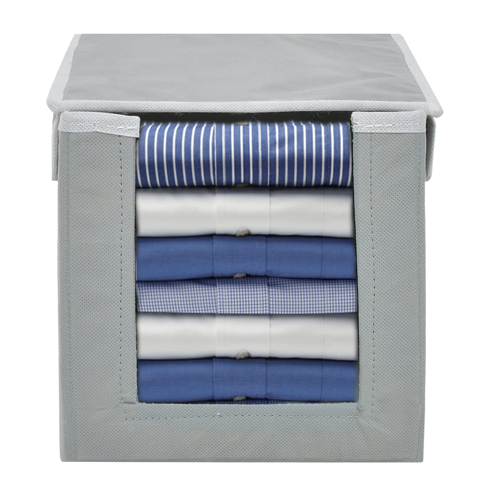 Kuber Industries Cotton Foldable Shirt Stacker With Carrying Handle & Lid |Cloth Wardrobe Organizer|Size 38 X 26 X 24 Cm (Grey, 