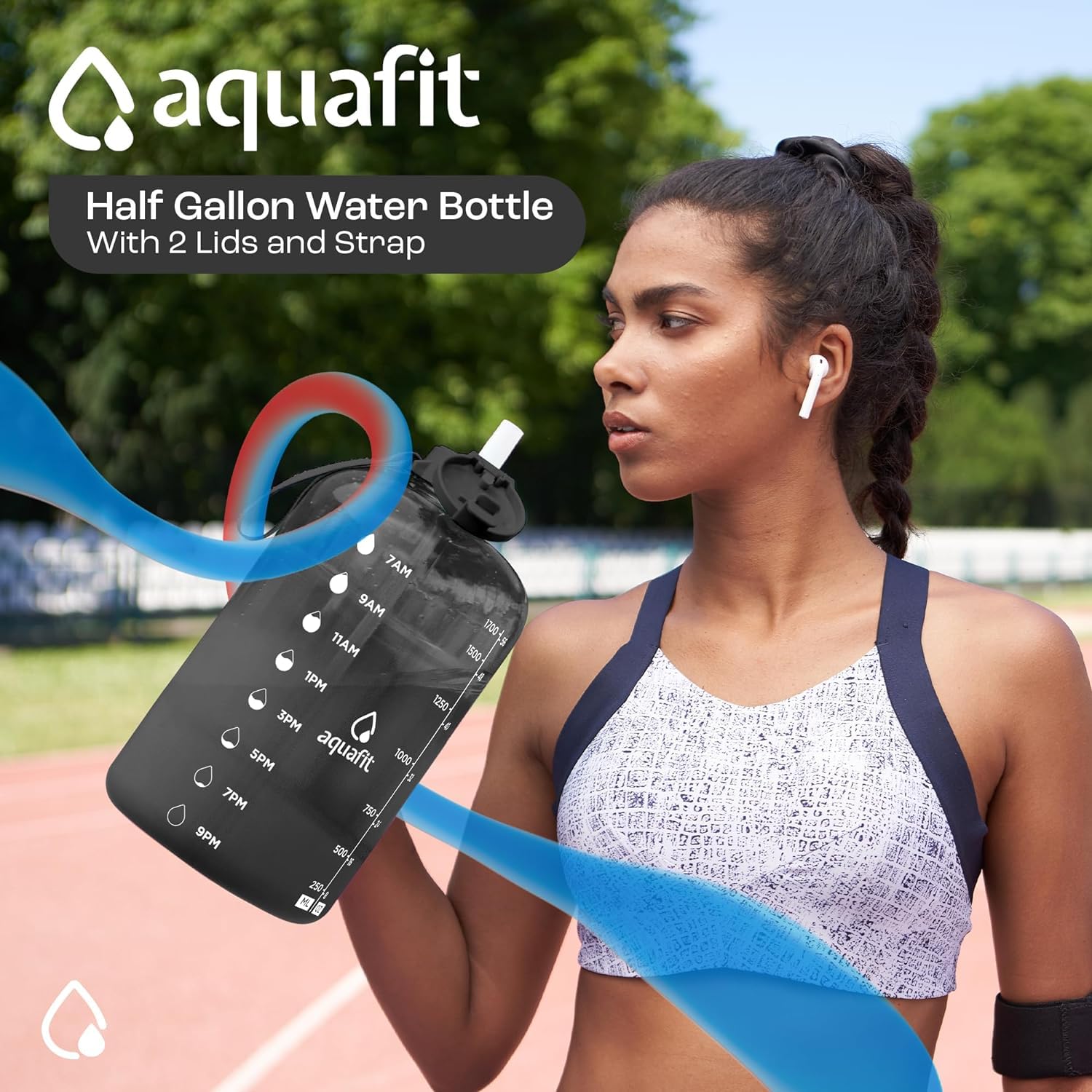 Aquafit 64 Oz Water Bottle With Time Marker - Straw & Chug Lid - Bpa Free Half Gallon Water Bottle, Big Water Bottle With Straw,