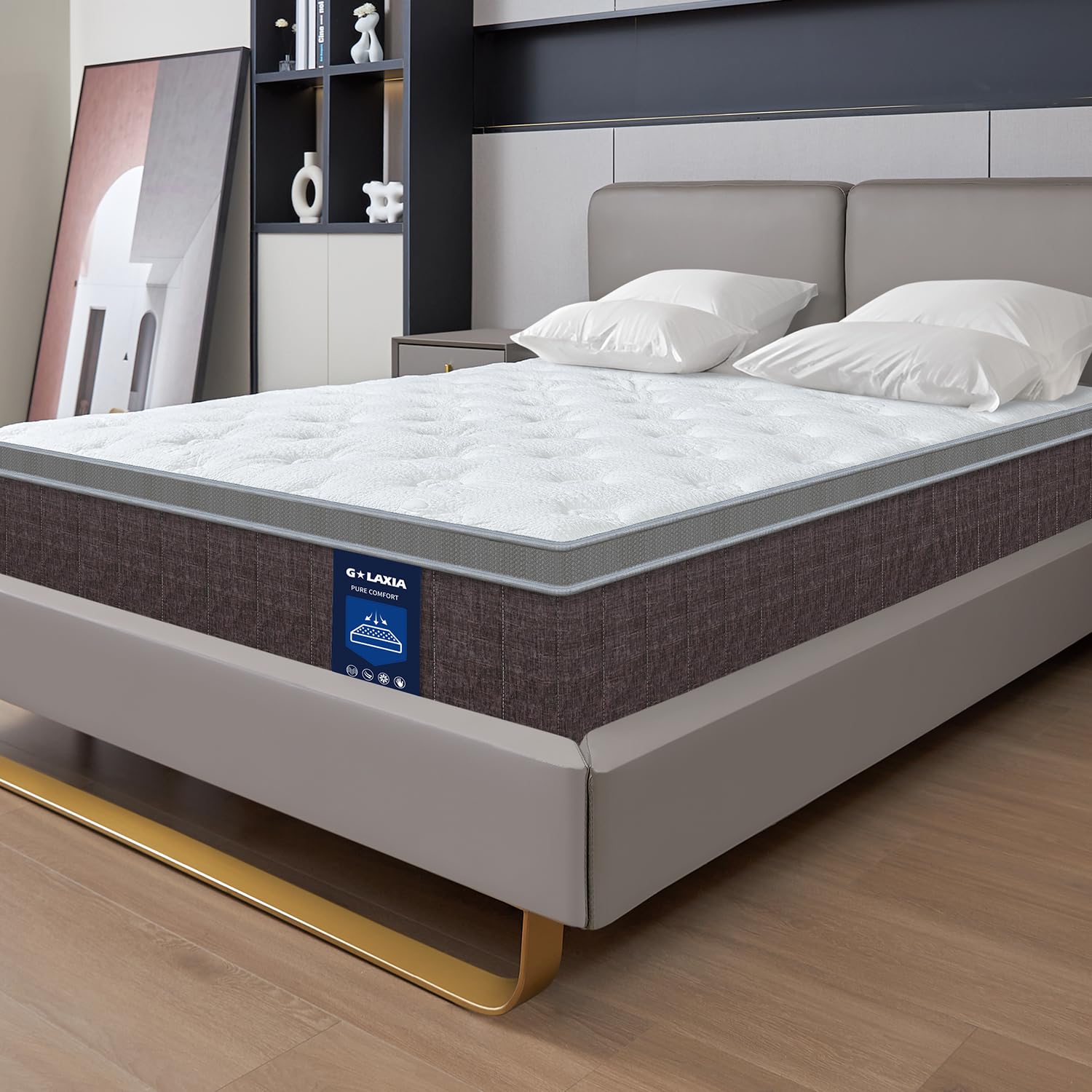 G Laxia 12 Inch Dark Grey Queen Spring Mattress,Medium Firm With Gel Memory Foam,Individually Pocketed Coil,Fiberglass-Free Fire