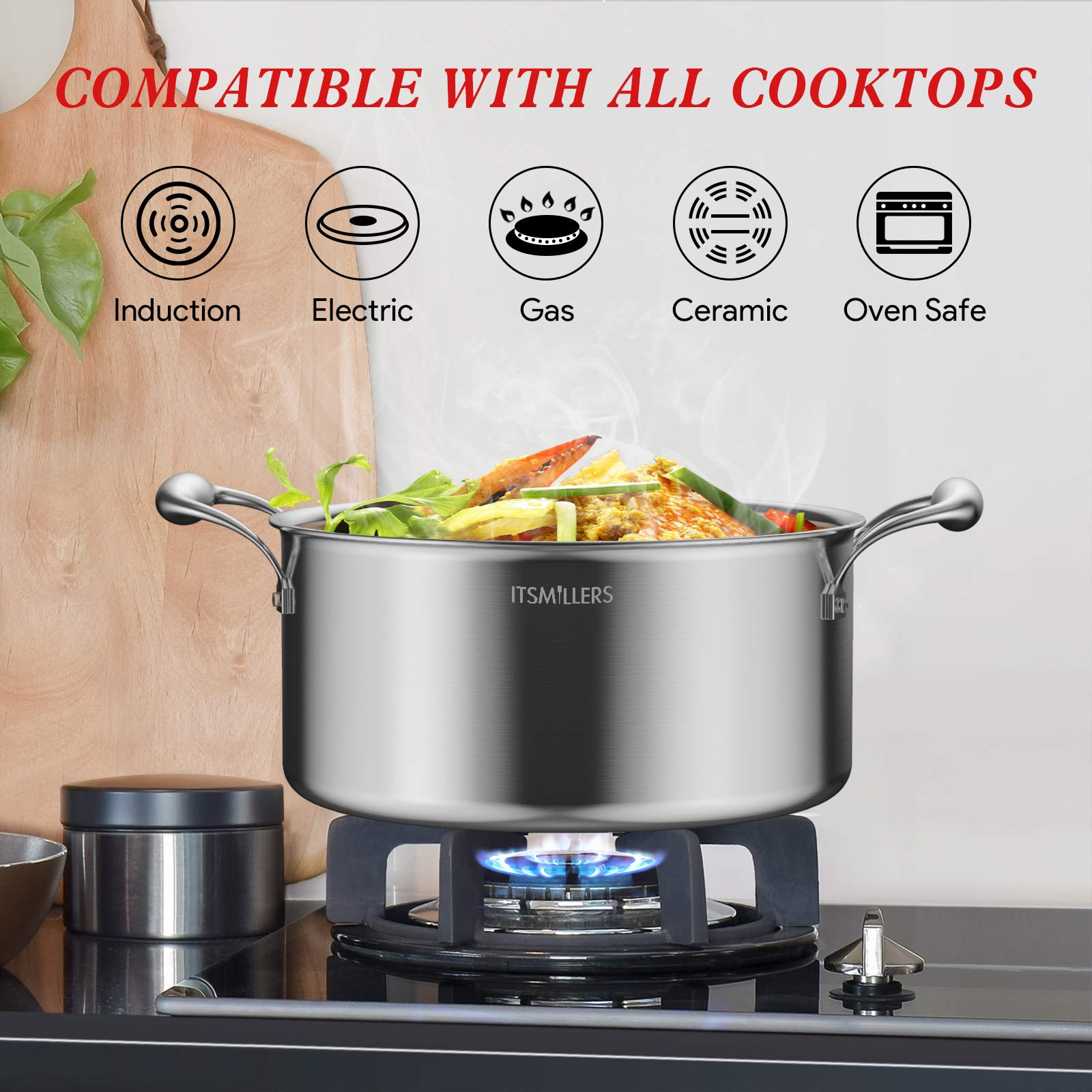 Itsmillers Gourmet Tri-Ply Stainless Steel Stockpot, Nickel Free Soup Pot, 7Qt With Lid, Dutch Oven Cooking Pot, With Silicone O