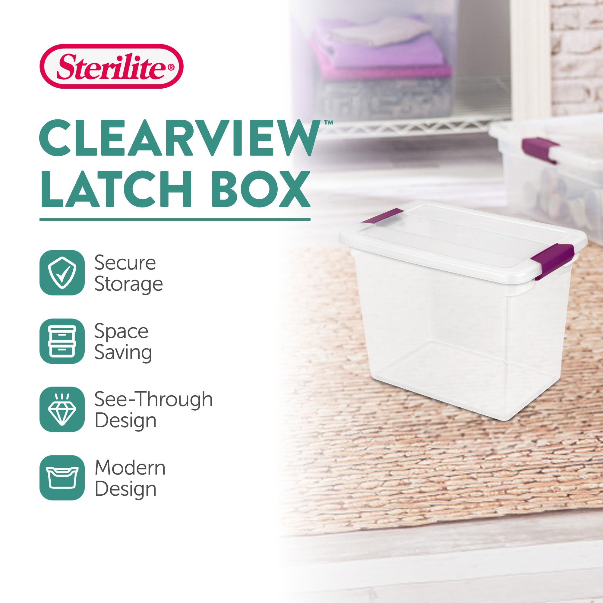 Sterilite 12-Pack Clearview Latch Box, Stackable Storage Organizer Bins For Home, 27 Quart