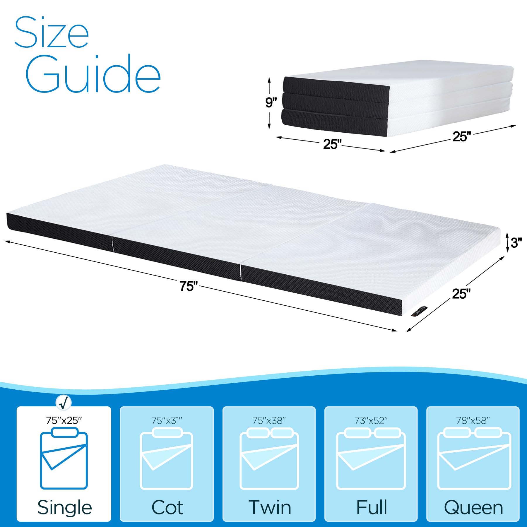 Roxzo Folding Mattress, 3 Inch Single Tri-Fold Memory Foam Mattress Topper With Washable Cover,Cooling Mattress Pad For College