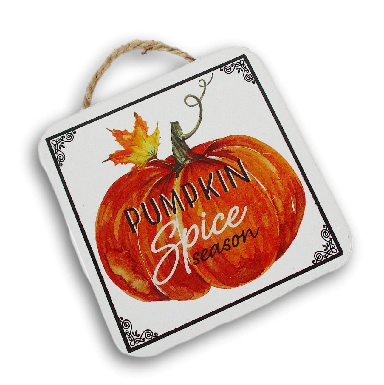 Craft Supply Fall Autumn Thanksgiving Metal Decor Sign - Small White Hanging Wall Decor - 5 x 5 Inches (Pumpkin Spice Season)