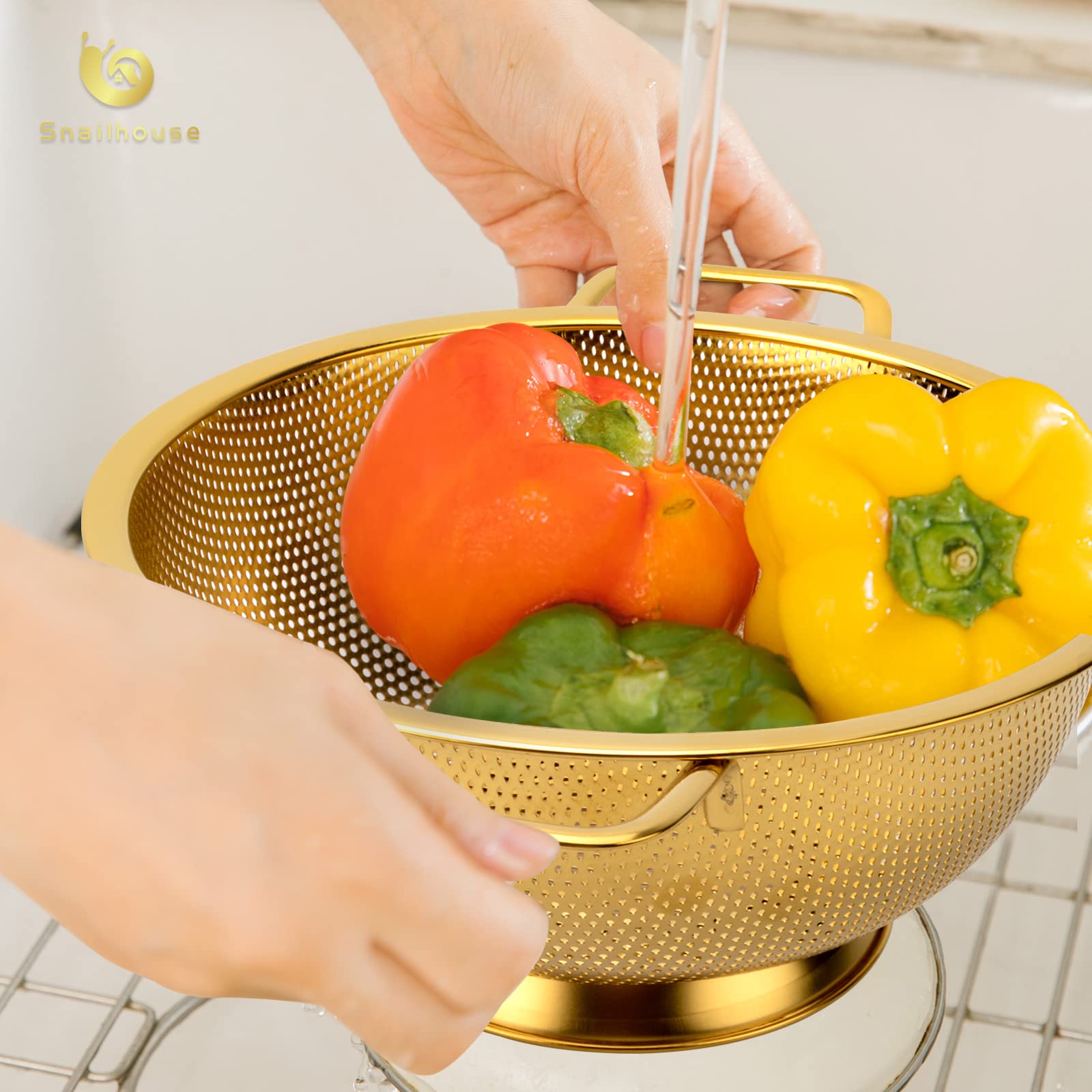 Snailhouse Colander, 3 Quart Stainless Steel Pasta Rice Food Metal Strainer With Handles And Self-Draining Base For Kitchen, Gol
