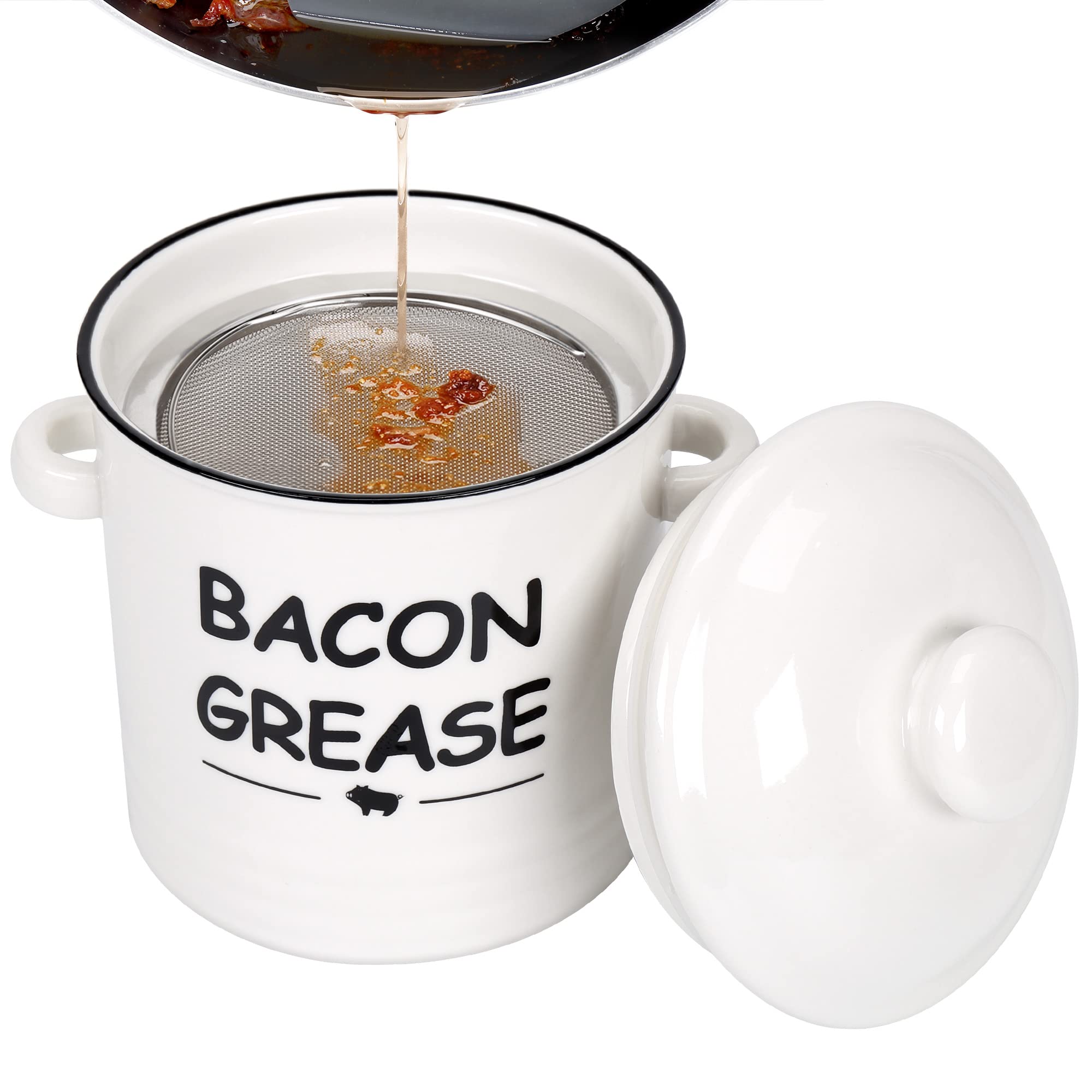 Ceramic Bacon Grease Container With Strainer - 600Ml / 20Oz Farmhouse Bacon Grease Keeper With Easy-Grip Handle, Bacon Fat Can F