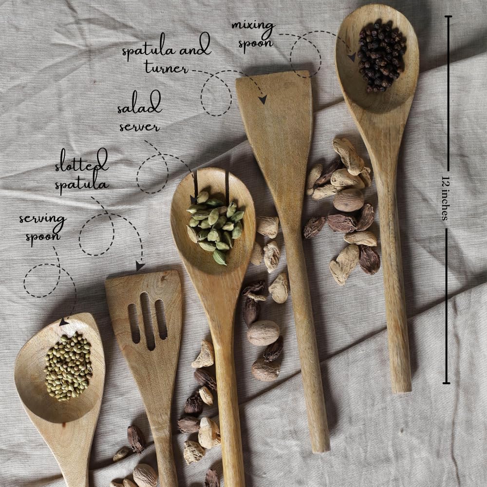 The Art Box Wooden Spoons For Cooking - 5 Pcs Natural Acacia Wood Non-Stick Cooking Spoons, Spatula Spoon Nonstick Wooden Utensi