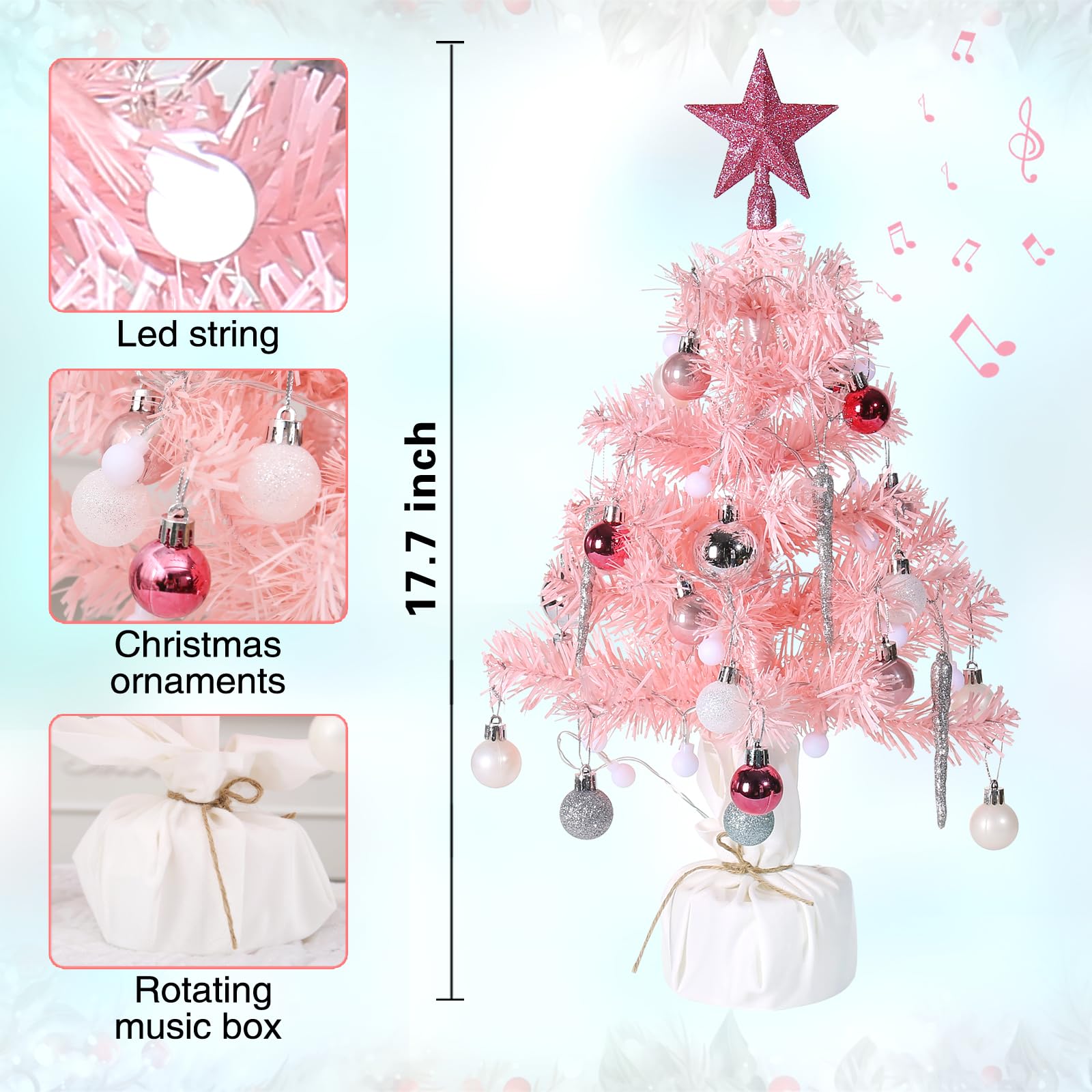 Mini Pink Christmas Tree, Small Christmas Tree with Music Tabletop Artificial Prelit Xmas Tree Christmas Decorations Indoor Outd