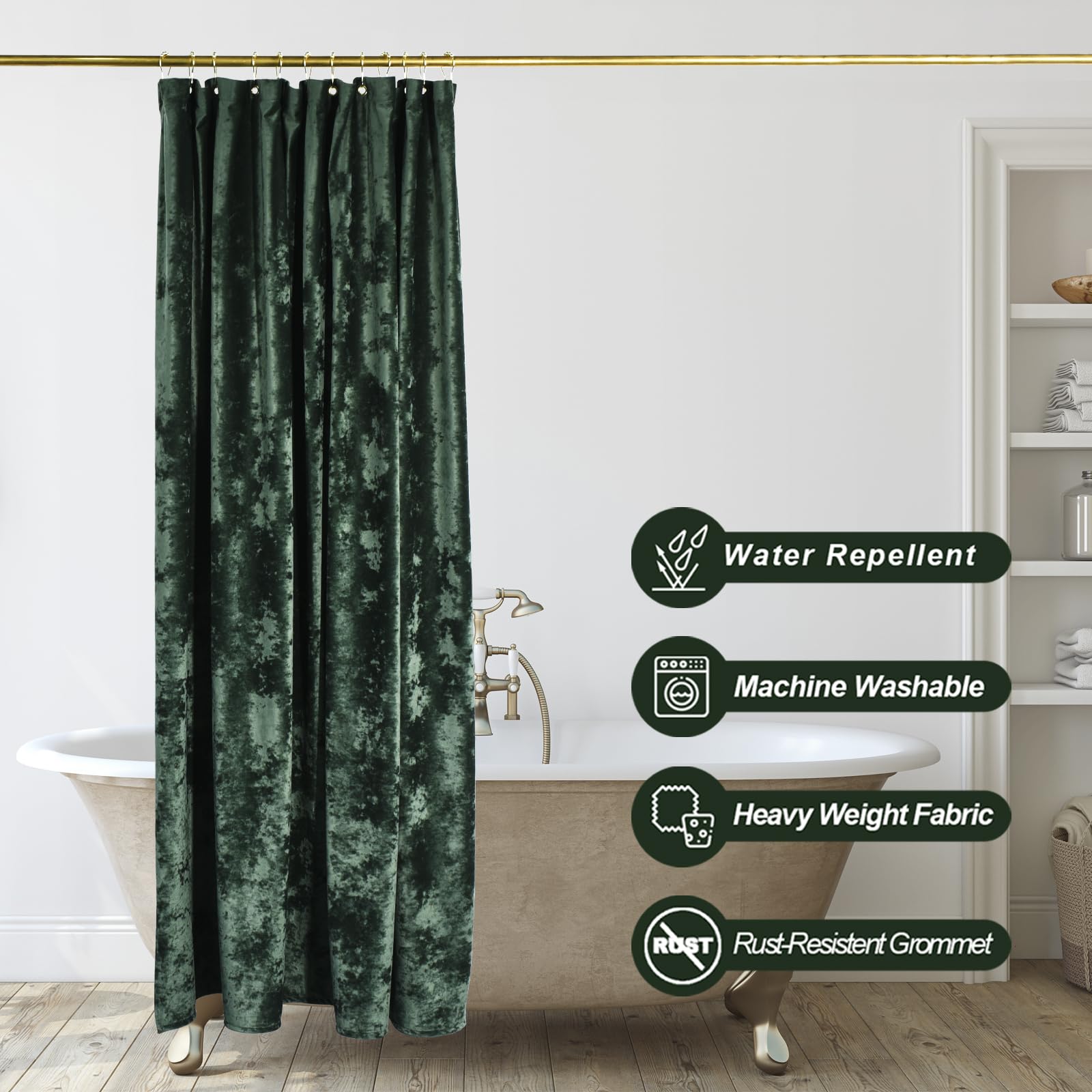 Tamgho Crushed Velvet Shower Curtain, Dark Green Luxury Shower Curtain With Gold Decro Metal Hooks, Machine Washable Thick Fabri