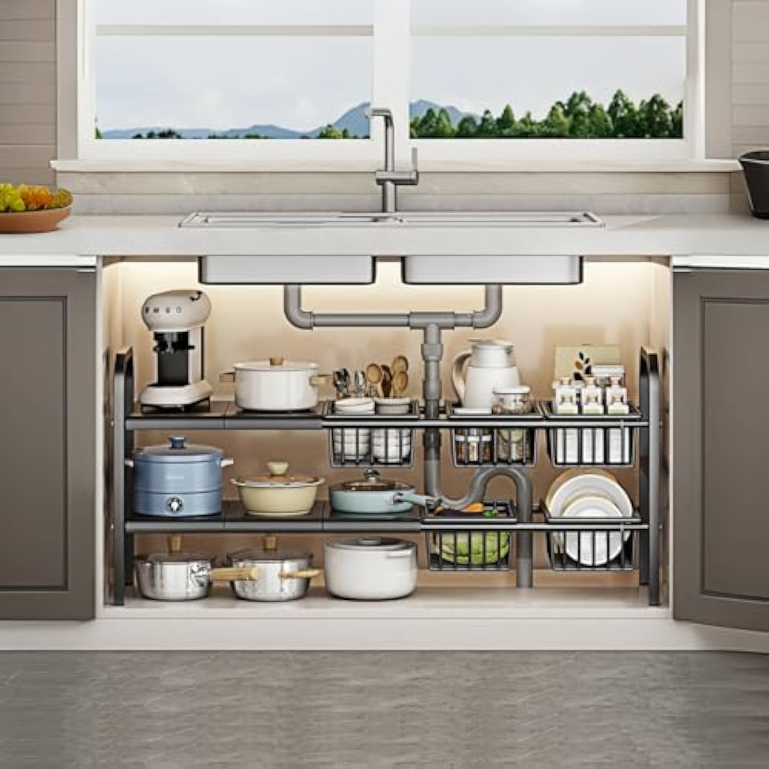 Fliqor Under Sink Organizer2 Tier Expandable Heavy Duty Metal ShelfWith 5 Removable Panels And 5 Storage Basket For Under Kitche