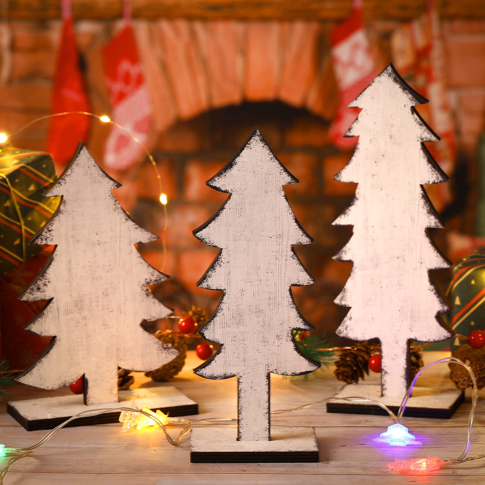 Meooeck 3 Pcs White Wood Christmas Trees Tabletop Rustic Christmas Decor Farmhouse Centerpieces Decorations for Tables with Rect