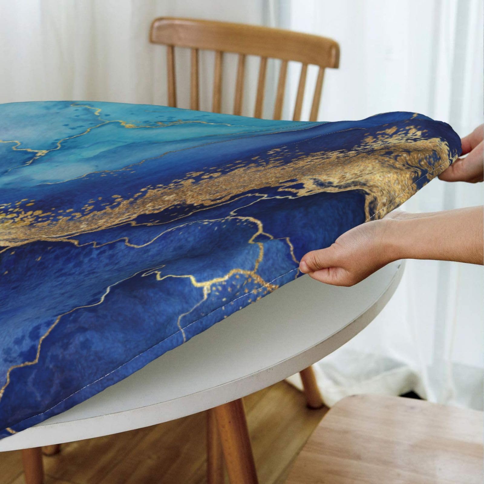 Fiokroo Blue Golden Marble Background Tablecloth With Elastic Edge, Round Table Cloth Washable Reusable Table Cover For Kitchen