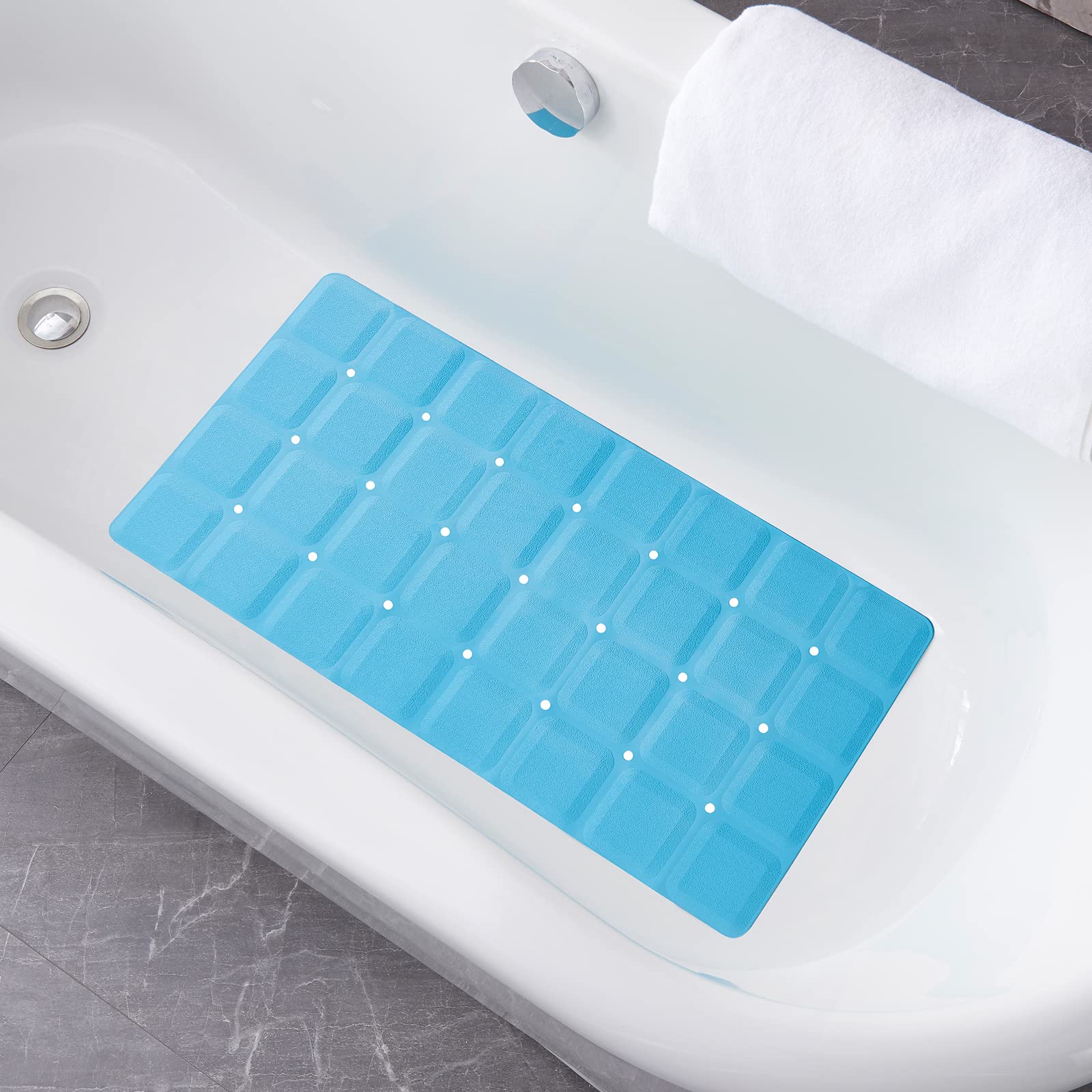 Webos Foldable Non-Slip Silicone Bath Mat, 28"x14", Blue, No Suction Cups for Textured & Reglazed Tubs